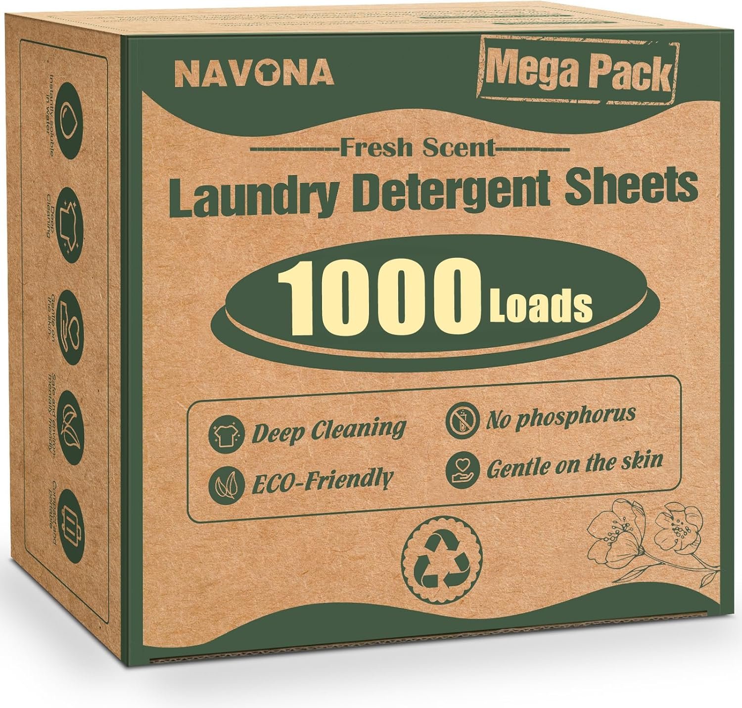 Navona 1000 Loads Mega Pack Laundry Detergent Sheets, Fresh Scent | Eco-friendly Laundry Sheets, Powerful Cleaning, Suitable for Homes, Dorms, and Apartments
