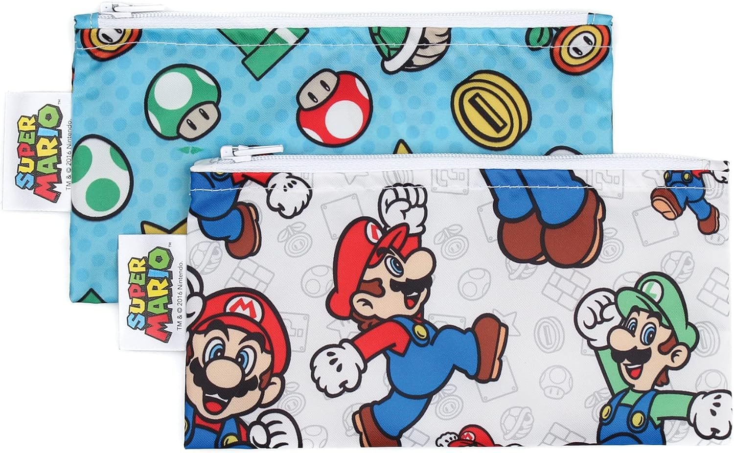 Bumkins Nintendo Reusable Snack Bags, for Kids School Lunch and for Adults Portion, Washable Fabric, Waterproof Cloth Zip Bag, Supplies Travel Pouch, Food-Safe, 2-pk Super Mario
