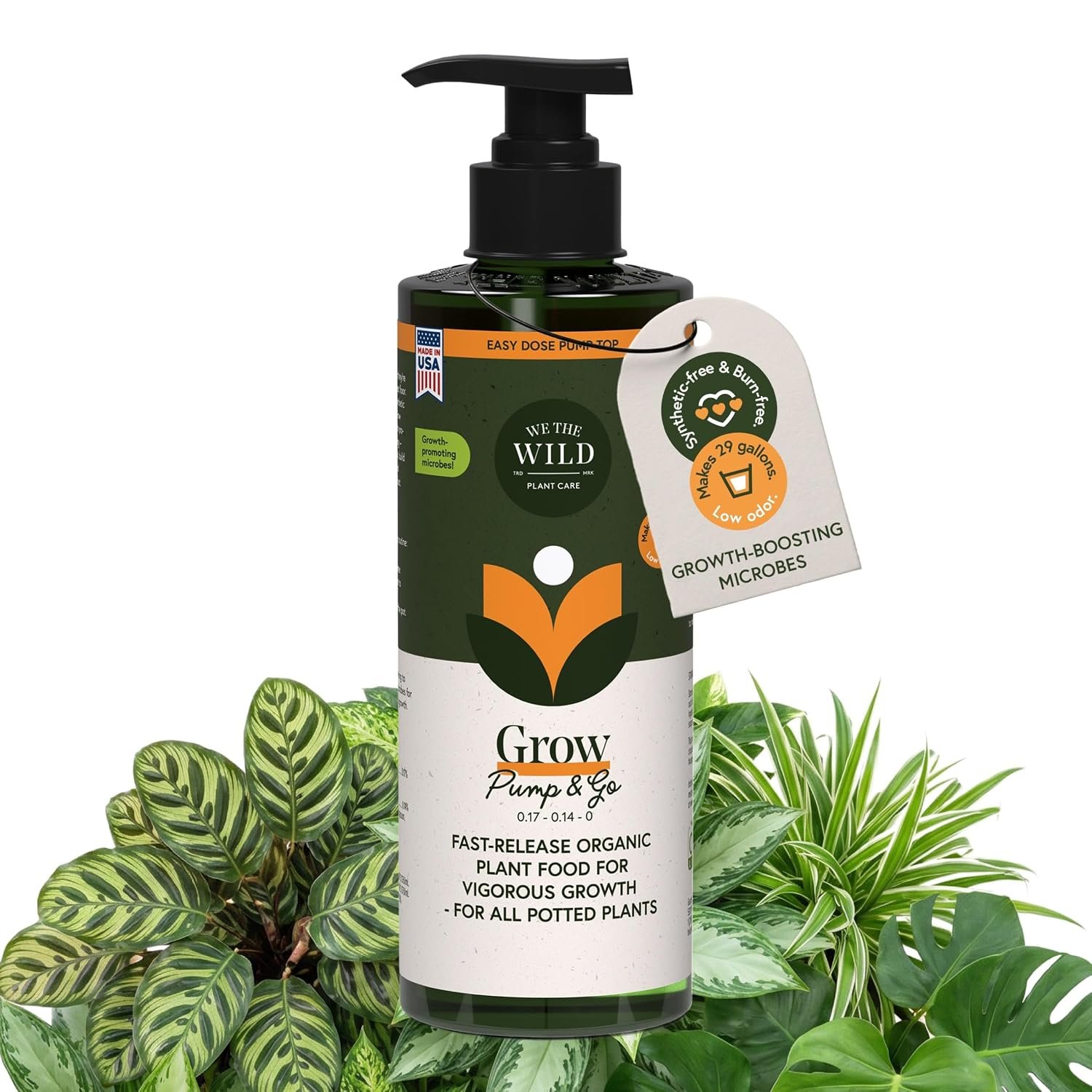 We the Wild Organic Grow Pump & Go, Indoor Plant Food 16.9 oz | Fertilizer for Leafy Plants, Fast-Acting Liquid Formula, Healthier Indoor Stems, Mix Concentrate in Water