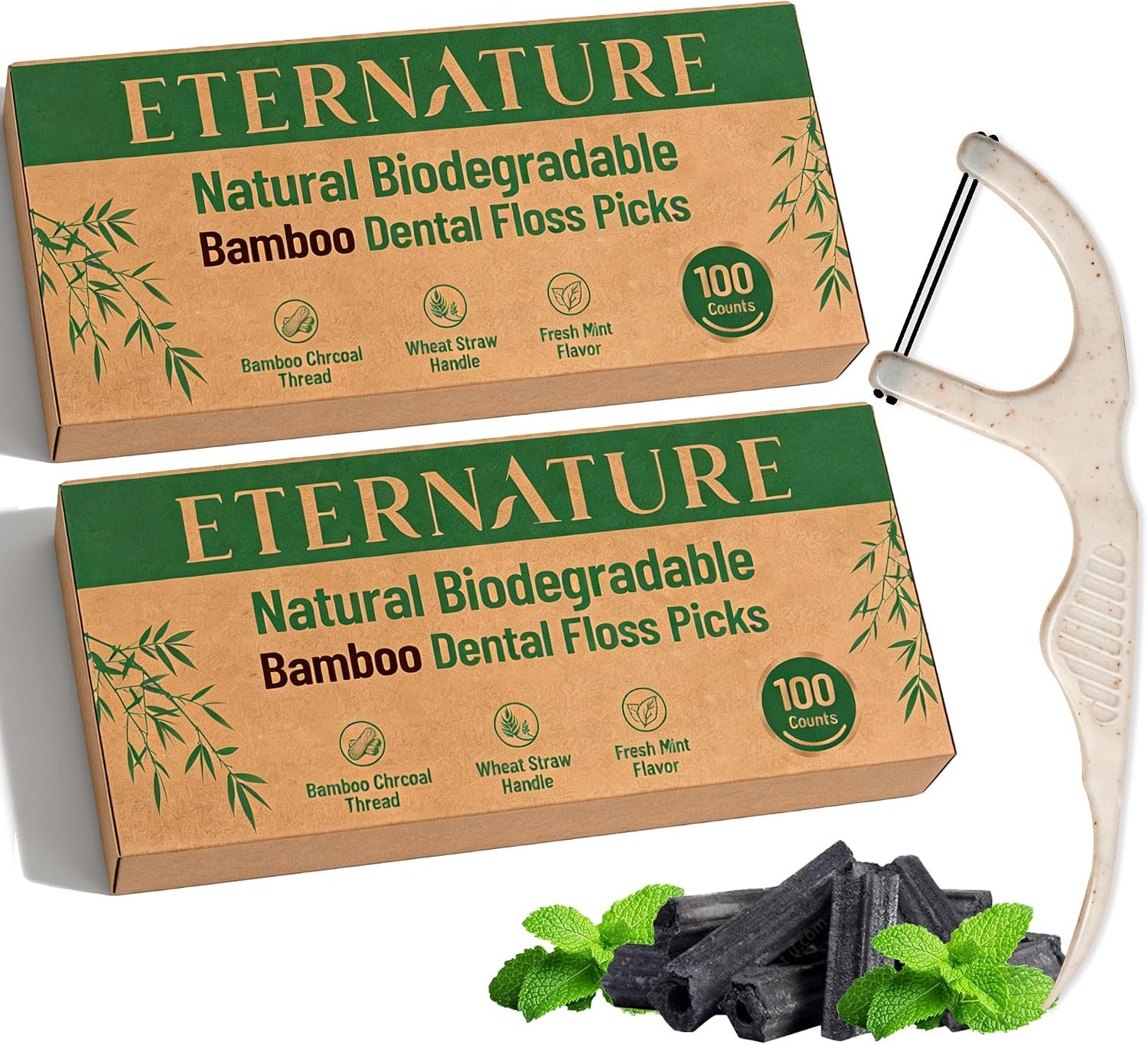 Biodegradable Dental Floss Picks for Teeth, 200ct Organic Natural Bamboo Charcoal Double Thread Floss Sticks, Flossers for Adults, Vegan Wheat Straw Flossers, Eco Friendly Teeth Cleaning, Mint