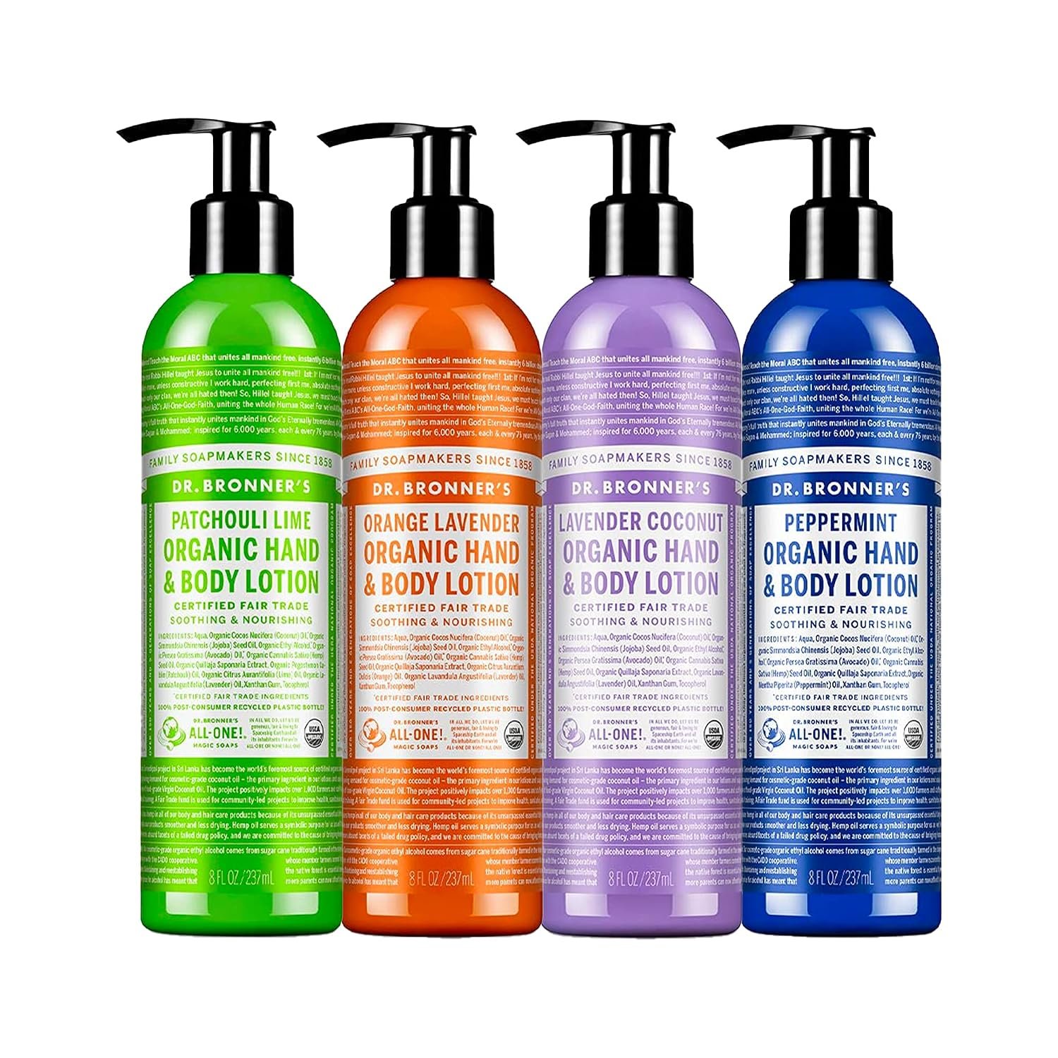 Dr. Bronner’s – Organic Lotion (8 oz Variety Pack) Peppermint, Lavender Coconut, Orange Lavender, & Patchouli Lime – Body Lotion & Moisturizer, Organic, Soothing for Hands, Face & Body | 4 Count