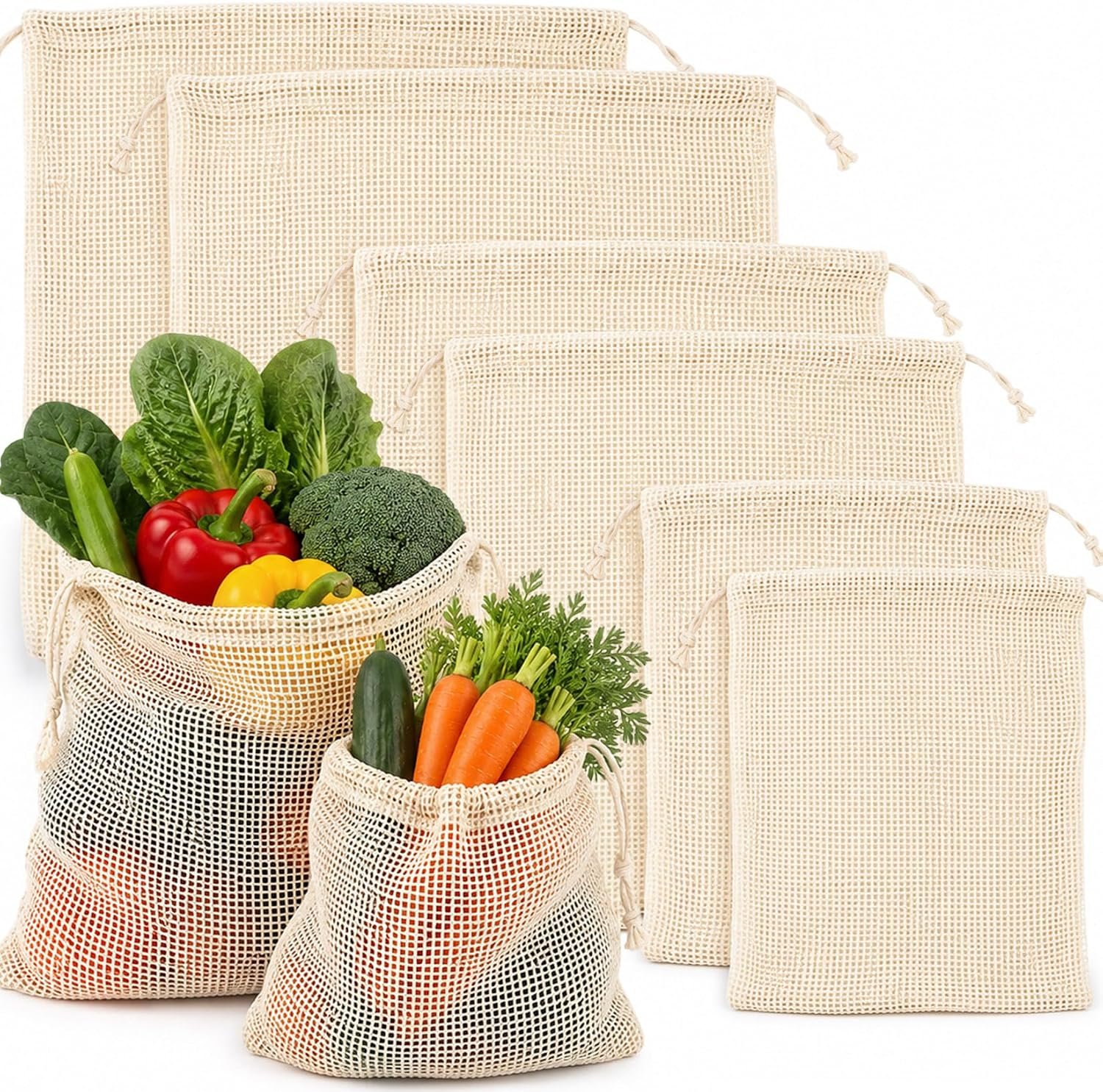 MAQIHAN Reusable Cotton Mesh Produce Bags – 6 Pack Mesh Storage Produce Bag | Durable Double Stitched Bags with Drawstring for Vegetables, Fruit and Grocery Shopping, 2L, 2M and 2S
