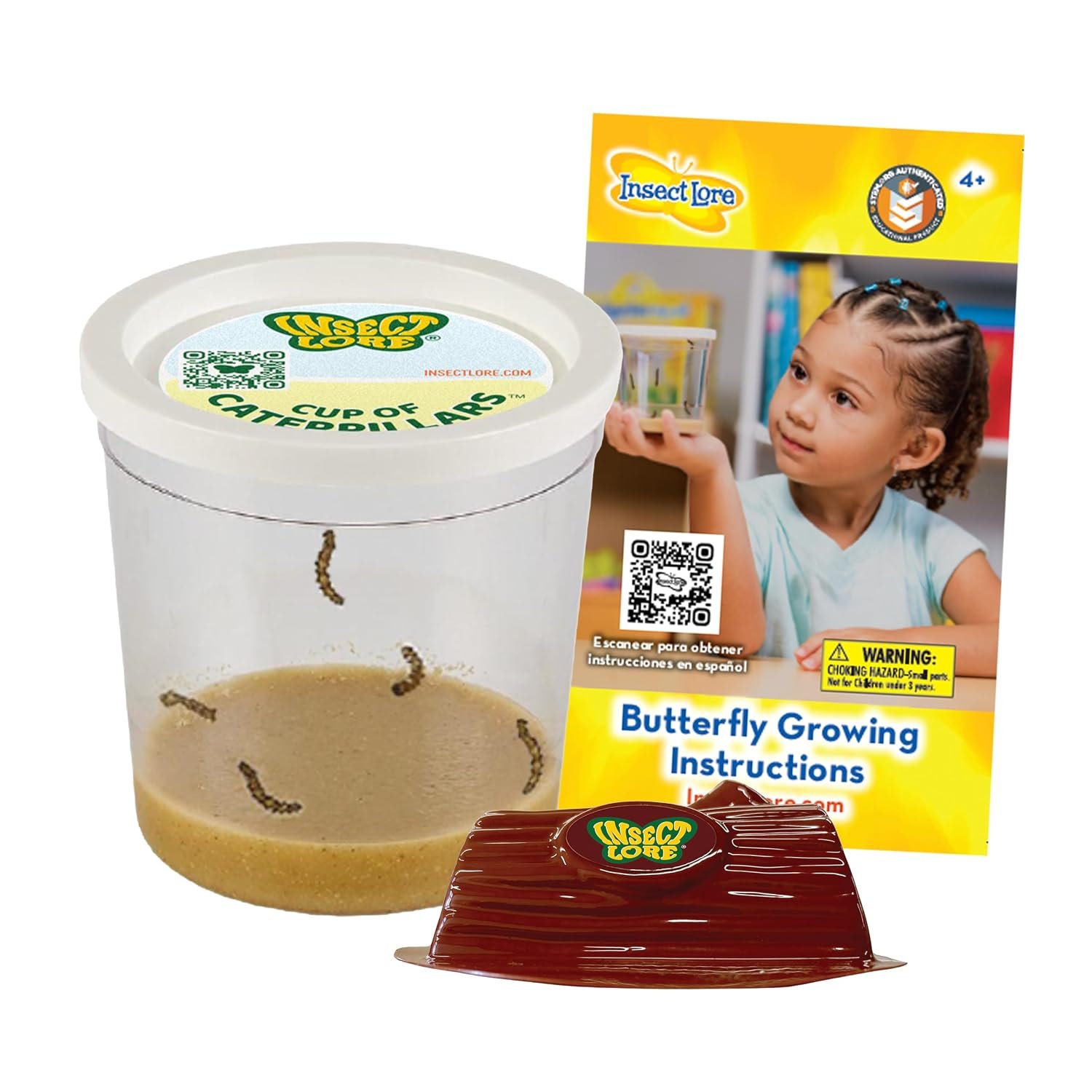 Insect Lore Cup of Caterpillars – 5 Live Painted Lady Caterpillars with Food – Refill for Butterfly Garden Kit – Chrys-A-Lid Holding Log Included – STEM Learning Activity