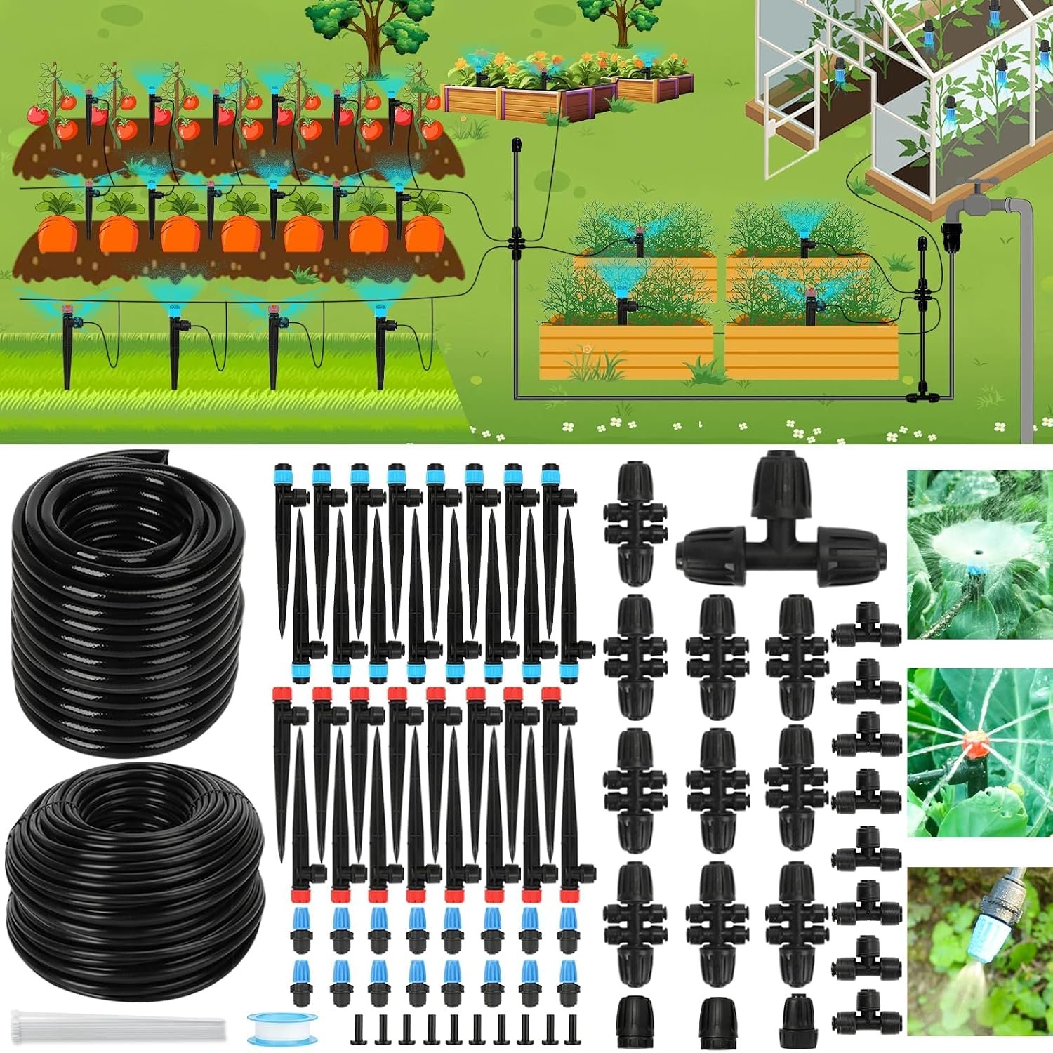 250FT Drip Irrigation Kit – 2026 New Quick-Connect Micro Irrigation System with 1/4” 1/2” Tubing, Locking Nozzle Emitters, Adjustable Misting Sprayers for Gardens, Lawns,Raised Beds and Greenhouses