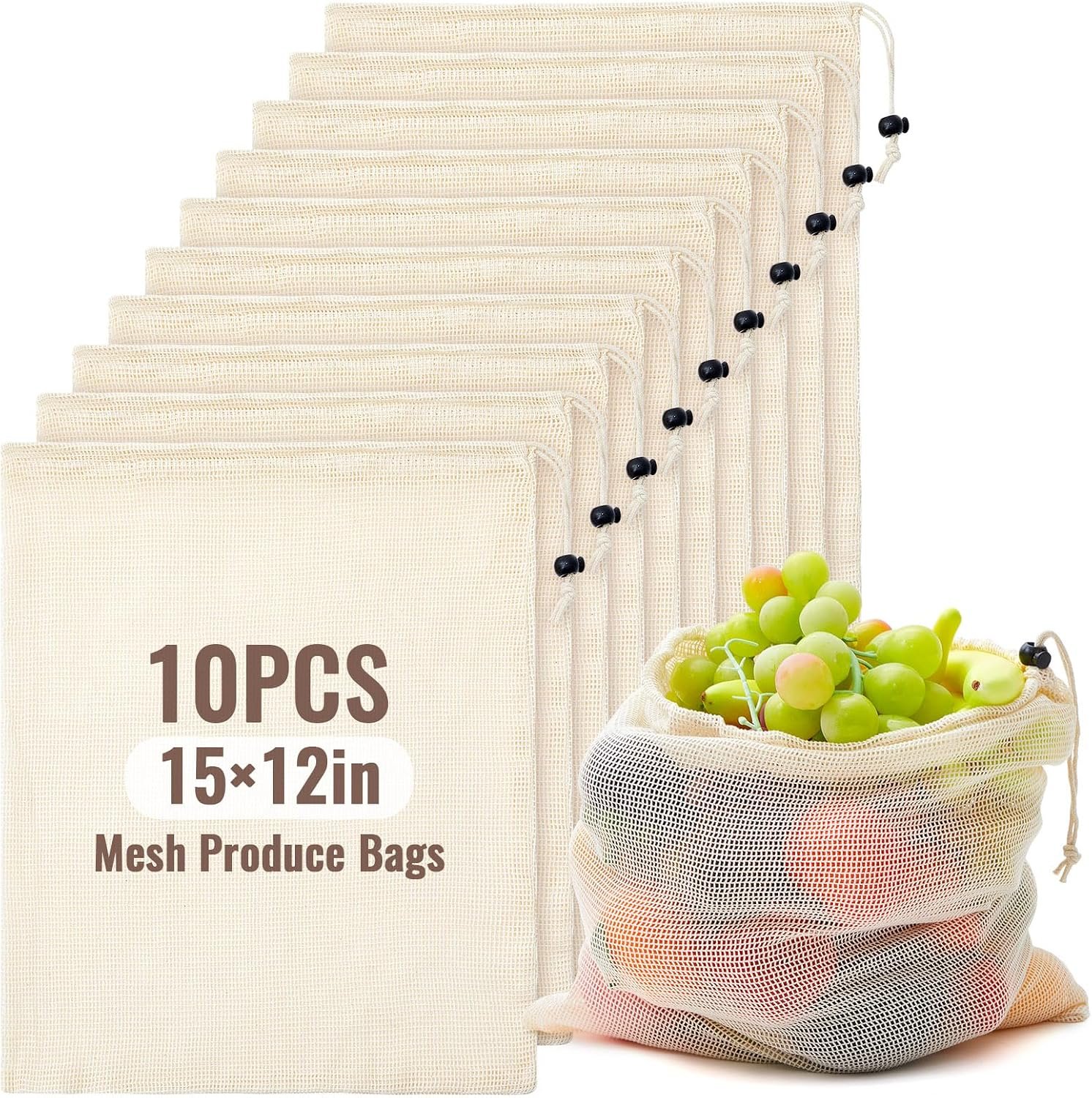 10 Pcs 15 x 12 in Reusable Produce Bags Grocery Washable, Cotton Mesh Produce Bags Plastic Free, Drawstring Closure, Double-stitched Organic Cotton Mesh Grocery Bag for Vegetables Fruit Onions