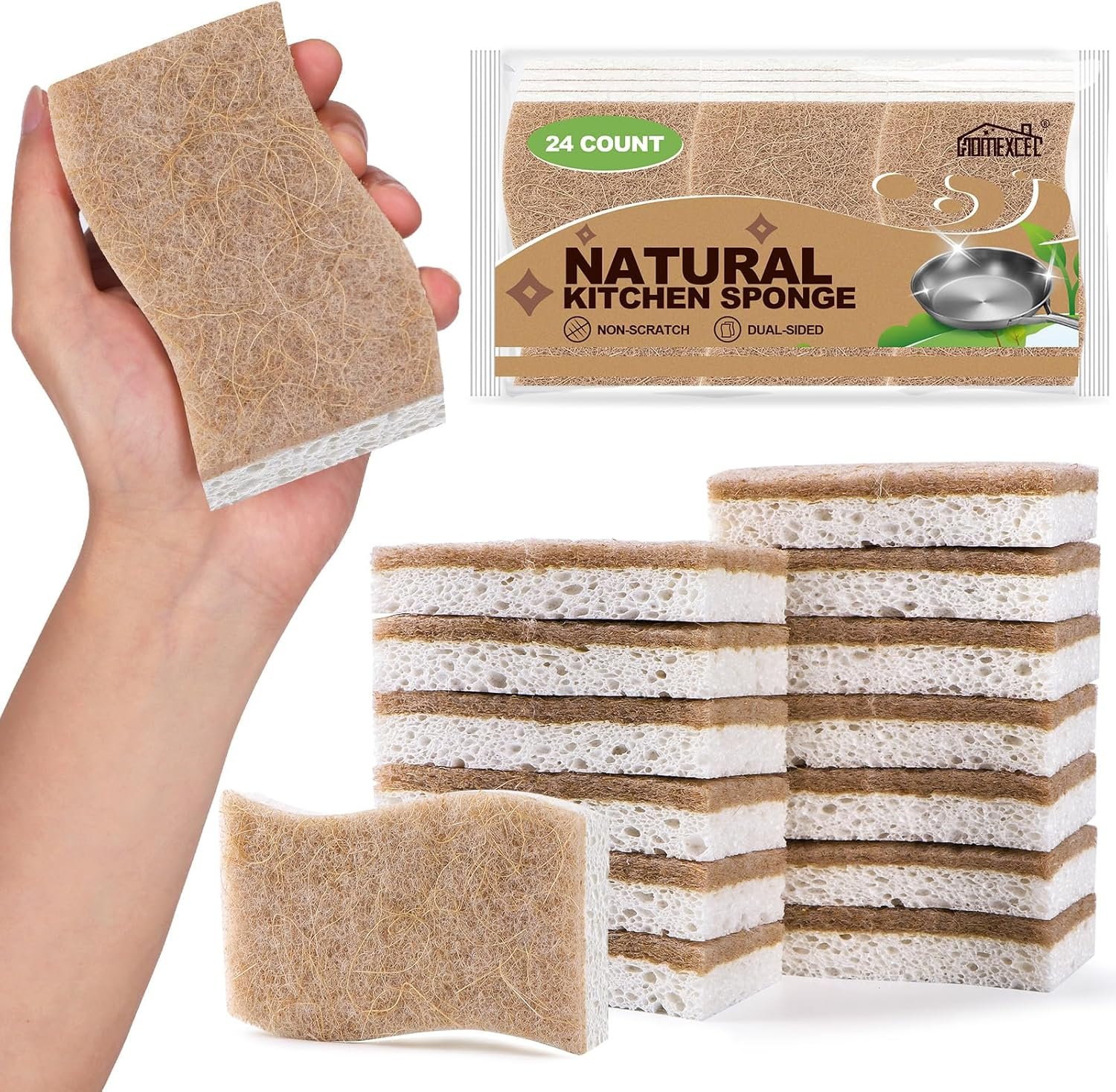 HOMEXCEL Kitchen Dish Sponges, 24 PK Non Scratch Natural Sponge for Dishes | Dual Sided Scrub Cleaning Sponges for Washing Dishes & Non-Stick Cookware, Biodegradable Dishwashing Sponge for Household