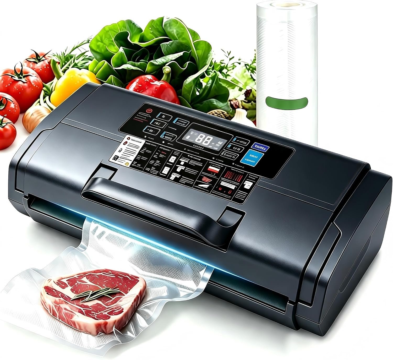 95KPa Vacuum Sealer Machine- Fully Automatic Commercial Food Sealer with 10-in-1 System, Double Heat Seal, Easy-Lock Handle & Built-in Cutter, Includes 1 Roll + 15 Bags (grey)