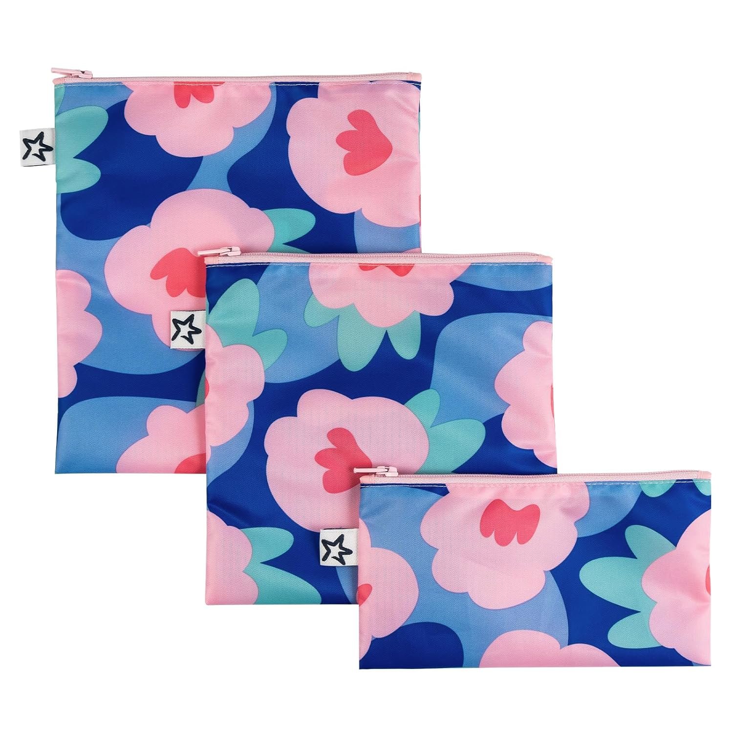 Tiny Twinkle Reusable Snack Bags for Kids – 3 Pack Snack Pouches & Sandwich Bag for Toddlers – Machine Washable, Mess-Proof for Lunch & Travel (Blue Floral)