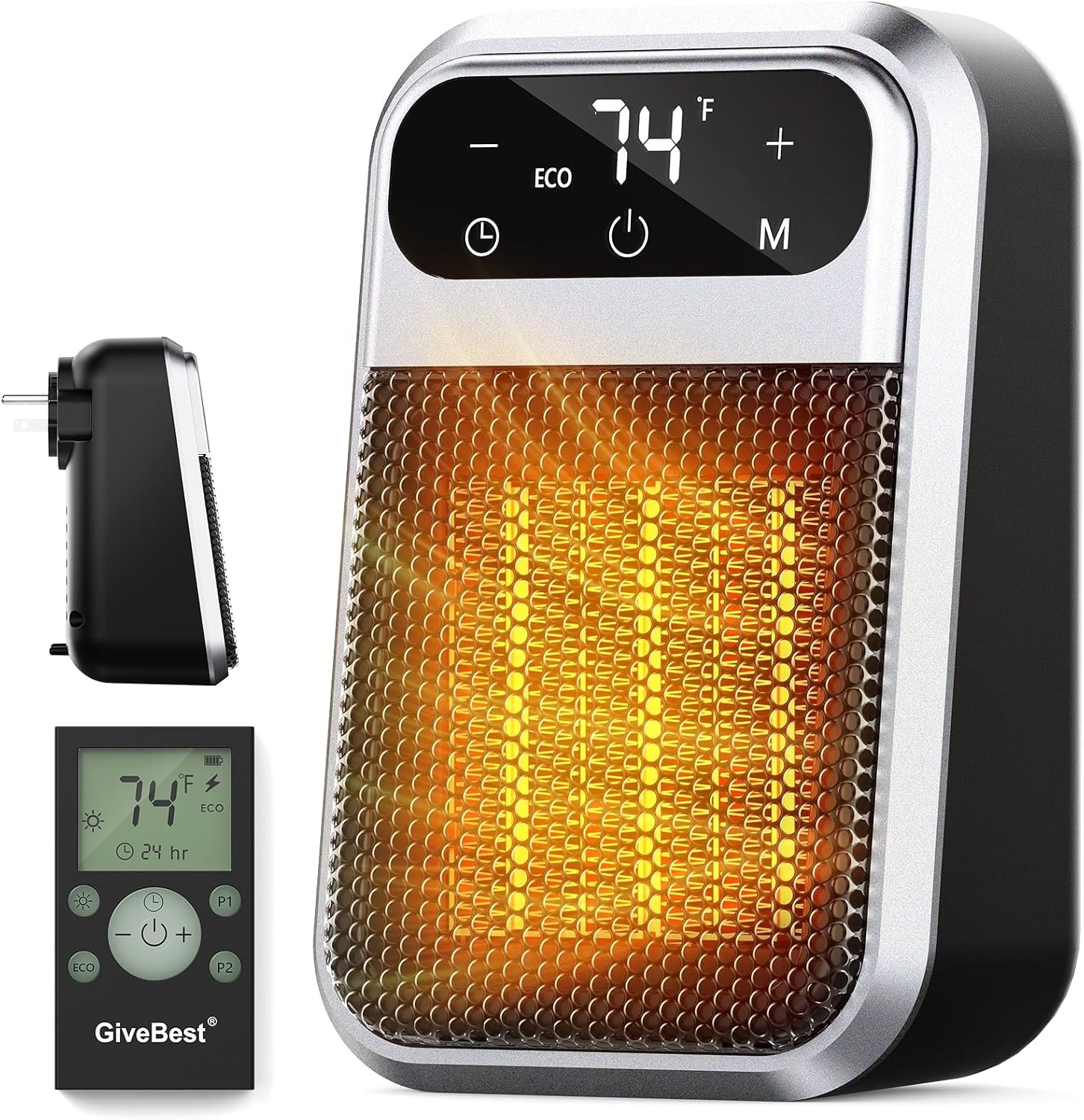 Givebest Cyber 800W Plug in Heater with ECO Mode Save Energy – Portable Outlet Space Heater, Small Electric Wall Heaters for Indoor Use with Adjustable Thermostat and 12H Timer for Bathroom Home