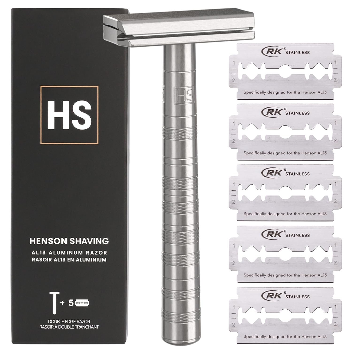 Henson Shaving Razor – Aluminum Double Edge Safety Razor with 5 Spare Blades – 30° Angled Precision With Superior Blade Rigidity- Reusable Single Blade Razors For Men and Women – Mild Aggression
