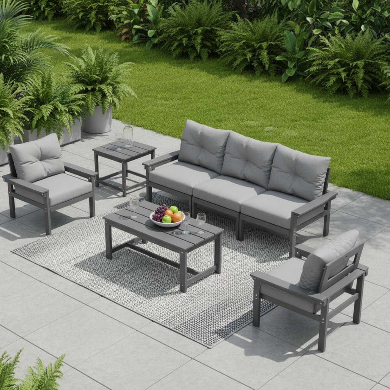 HDPE 4 Piece Patio Furniture Set, All-Weather Outdoor Couch with Thick Cushions & Coffee Table & Side Table, Patio Conversation Sets for Lawn, Garden, Porch, Balcony, Deck, Poolside,Grey & Grey