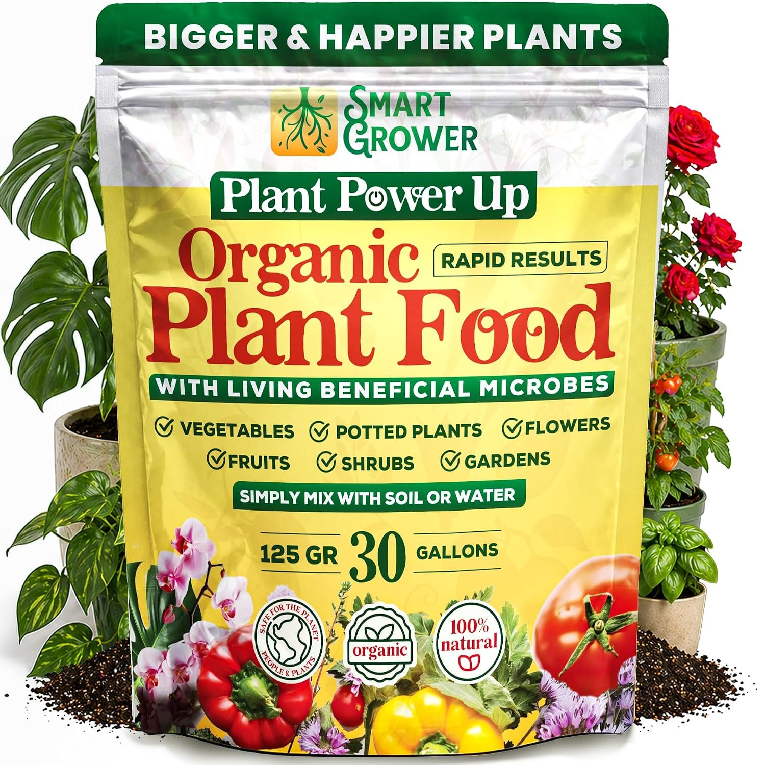 Organic Plant Food with Beneficial Microbes, 125GR Makes 30 Gallons | Concentrate Vegan Formula, Beneficial Microbes, Vegetables & Indoor Plants, Smart Grower