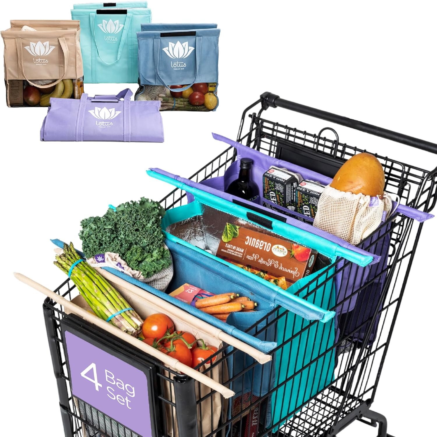 Lotus Original Trolley Reusable Shopping Bags (4-Pack) – Detachable & Reusable Grocery Bags Foldable with Insulated Grocery Bag & Egg/Wine Holder – Washable Shopping Totes to Save Time & Easy Storage