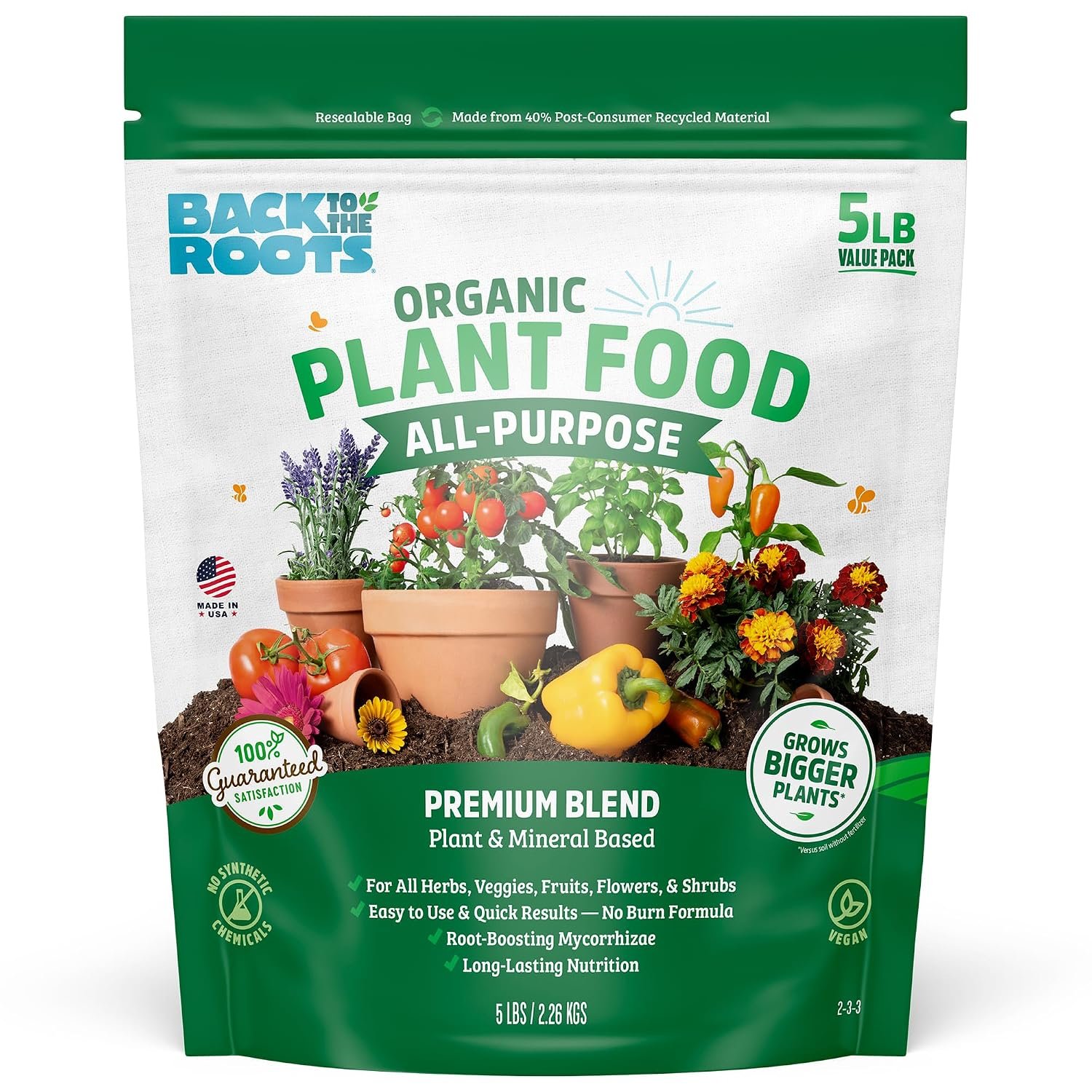 Back to The Roots Organic All-Purpose Plant Food (5 lb. Value Size), Premium Blend, Safe & Sustainable Vegan Formulation Made with Kelp and Alfaalfa Meal, Mycorrhize, and Rock Phosphate Minerals