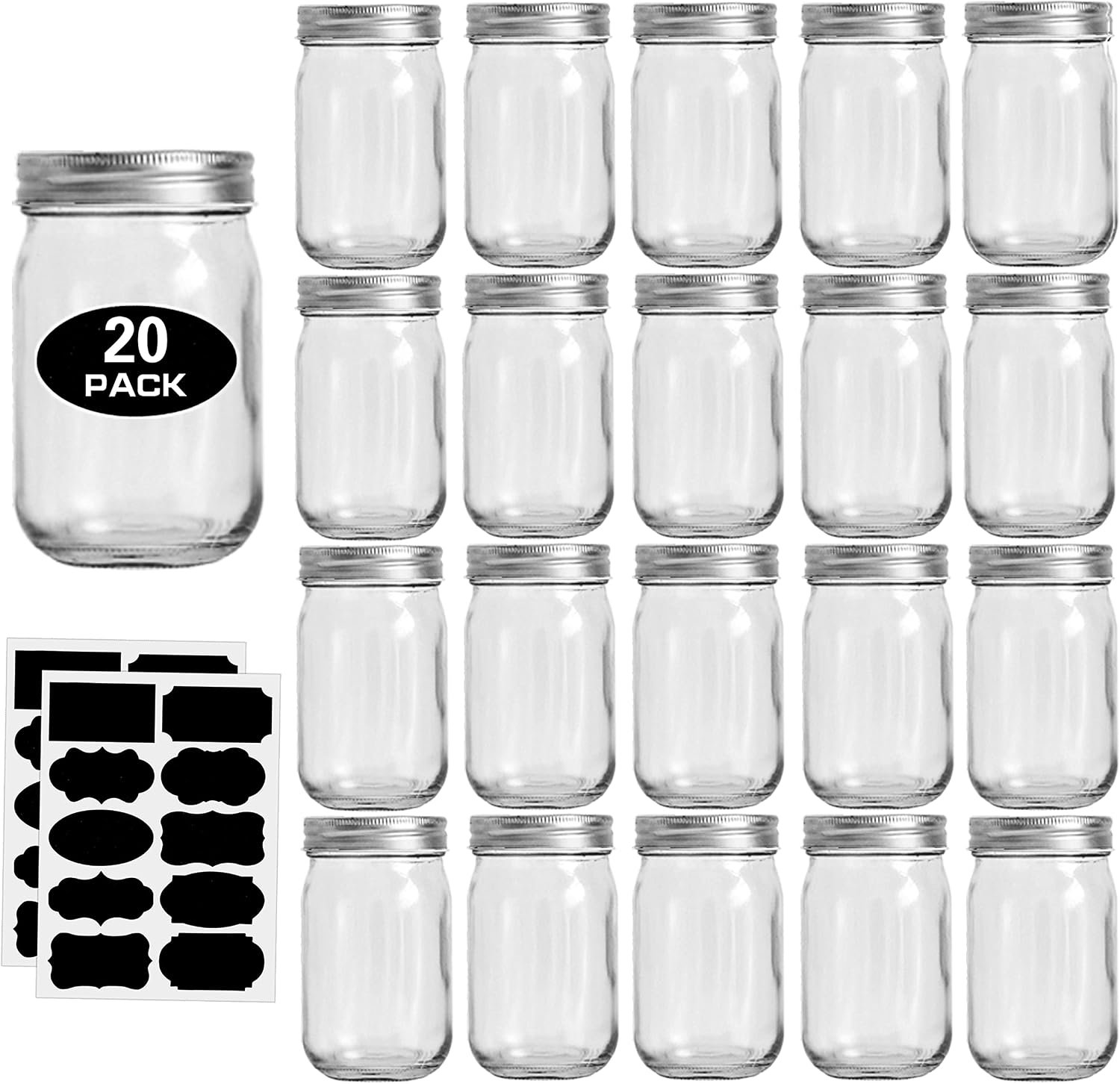 Rainforce Mason Jars 12 oz 20 Pack Glass Jars with Silver Lids food Storage | Regular mouth canning jars for pickles,meal prep,crafts with 20 labels and 1 pen.Food Storage frascos de vidrio con tapa para