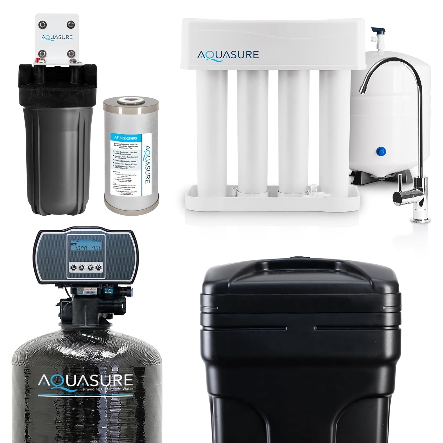 Aquasure Whole House Water Filtration Bundle w/Water Softener, 75 GPD RO System & Dual Purpose Sediment/GAC Pre-Filter (72,000 Grains)