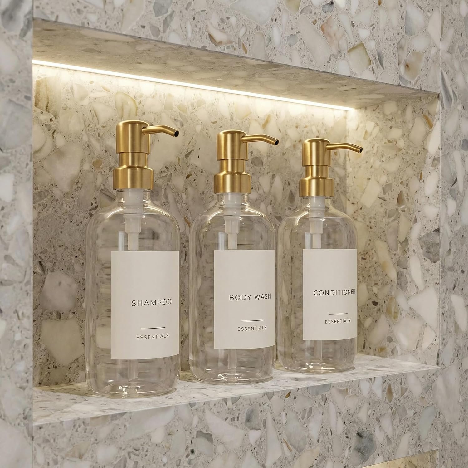 Stylish Shampoo and Conditioner Dispenser Set of 3 – Modern 21oz Shower Soap Bottles with Pump and Labels – Easy to Refill Body Wash Dispensers for an Instant Bathroom Decor Upgrade Clear