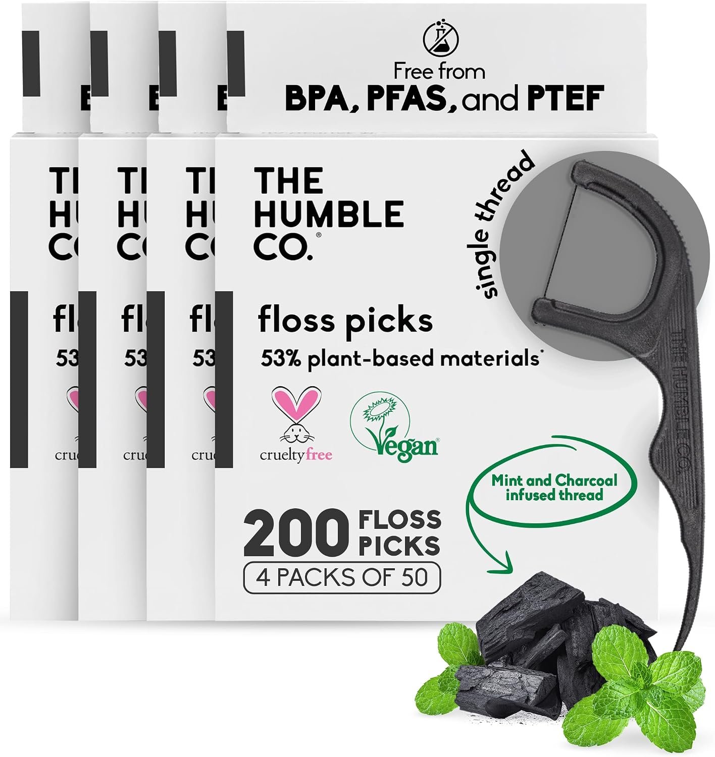 The Humble Co. Dental Floss Picks, Single Thread, Charcoal (200 Count) | Tooth Picks Flossers, Gum Health, Dental Oral Care & Hygiene, Gum Health, Interdental Flossers for Adults, Toothpick Floss
