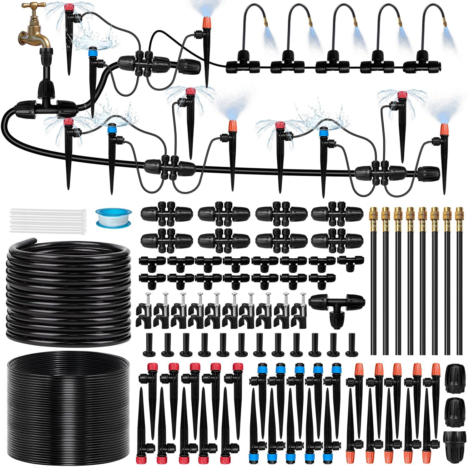 230FT Drip Irrigation System for Garden with 38pcs Adjustable Copper Nozzles & Emitters, Automatic Garden Watering System with 1/2″ & 1/4″ Tubing for Raised Bed, Yard, Greenhouse, Potted Plants, Lawn