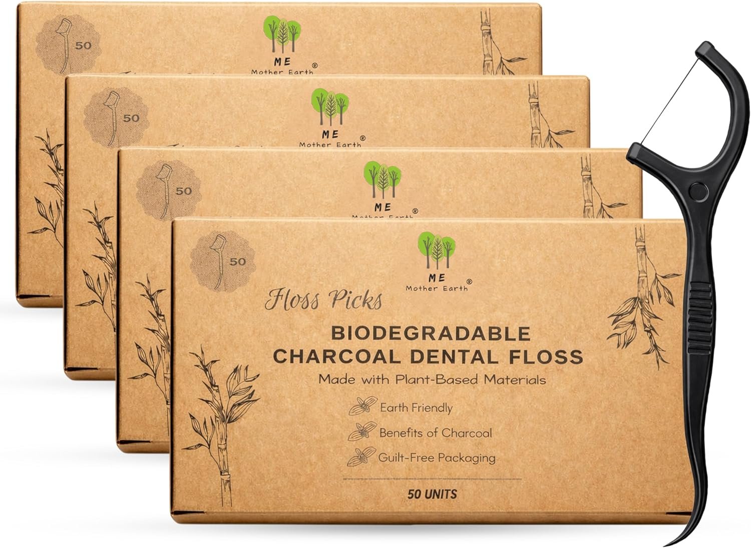 Me Mother Earth Vegan Biodegradable Dental Floss Picks (200 Count) – Natural | Sustainable | Eco-Friendly | Charcoal Dental Flossers for a Zero Waste Oral Care (3 Inch)