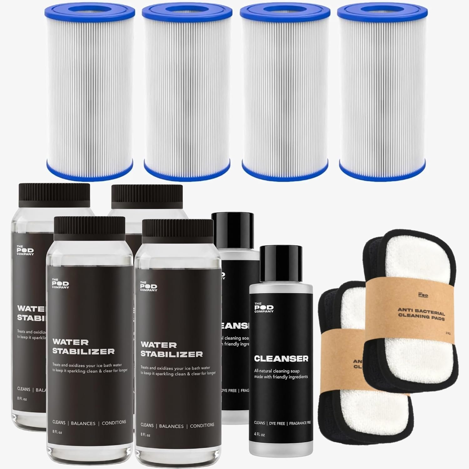 The Pod Company Chiller Maintenance Pack – 4-Month Supply – Replacement Filters, Water Care Solution, Cleanser & Cleaning Pads – for Standard & Pro Water Chillers