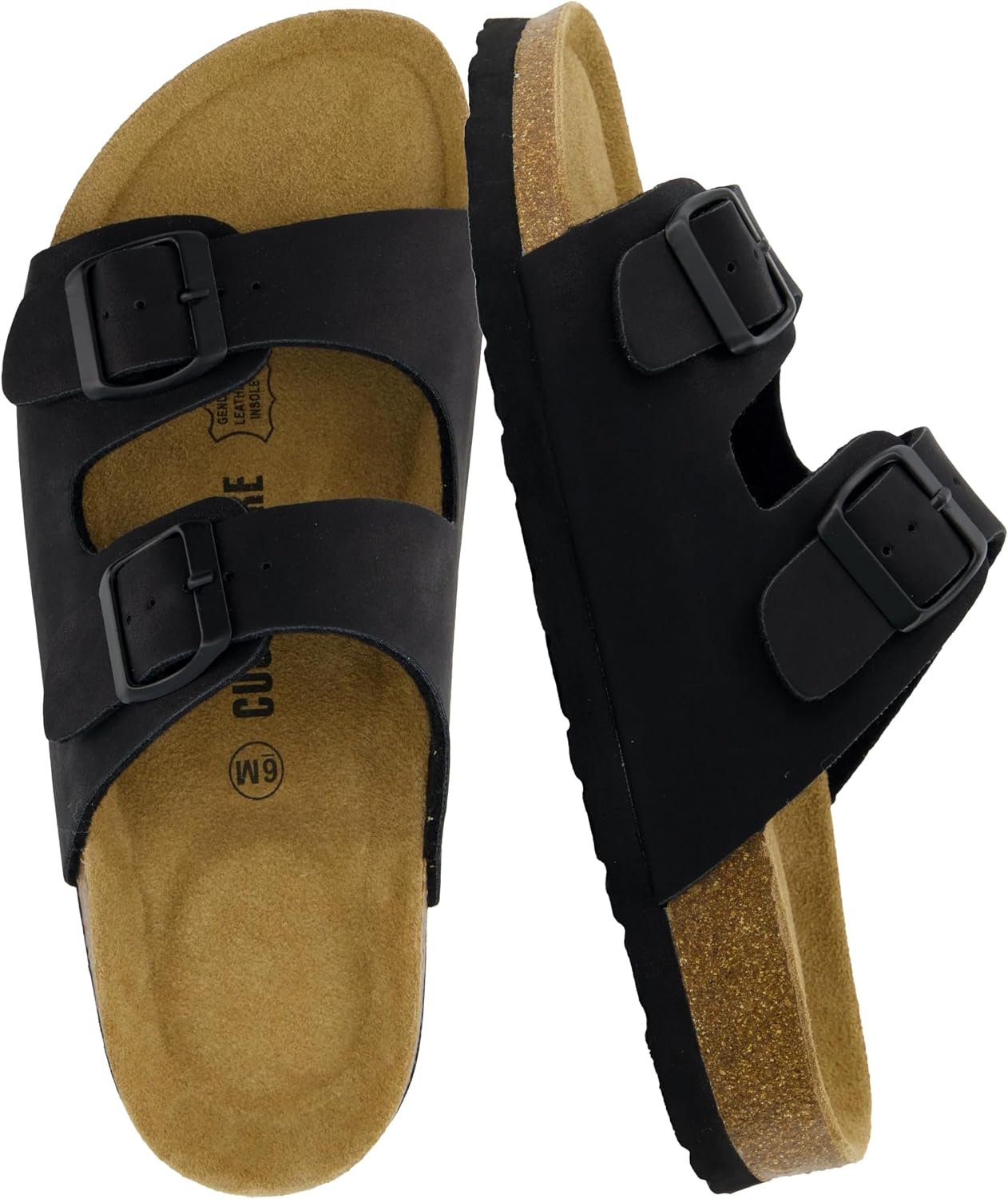 CUSHIONAIRE Lane Cork Footbed Womens Sandals Comfortable Double Buckle Slip On Sandals for Women with Arch Support and Classic Two Strap Design