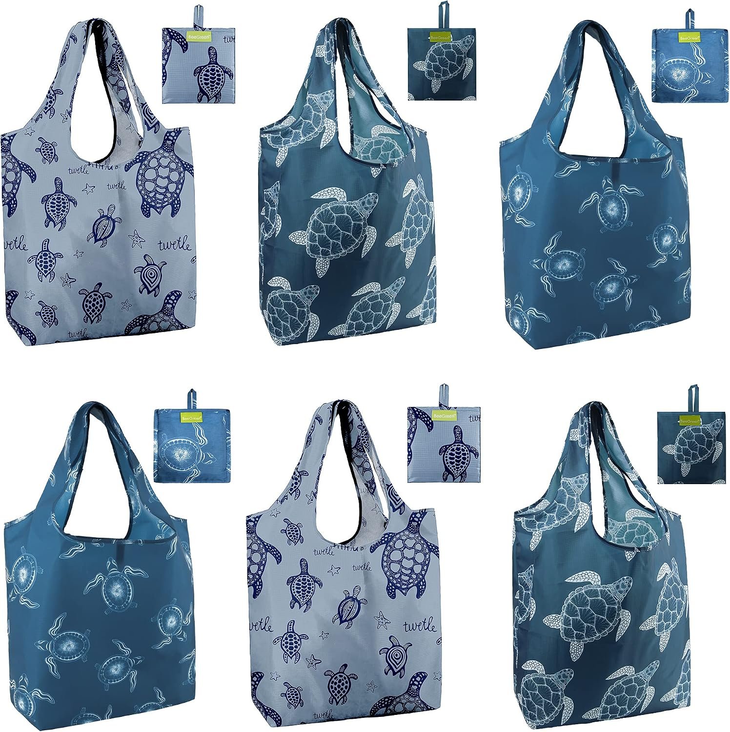 BeeGreen Sea Turtle Reusable Grocery Bags Large Tote Bag With Handles, Bulk Gift Foldable Shopping Bags for Women 6 Pack, Cute Cloth Bag, Heavy Duty, Washable For Beach, Holiday, Travel And Groceries​