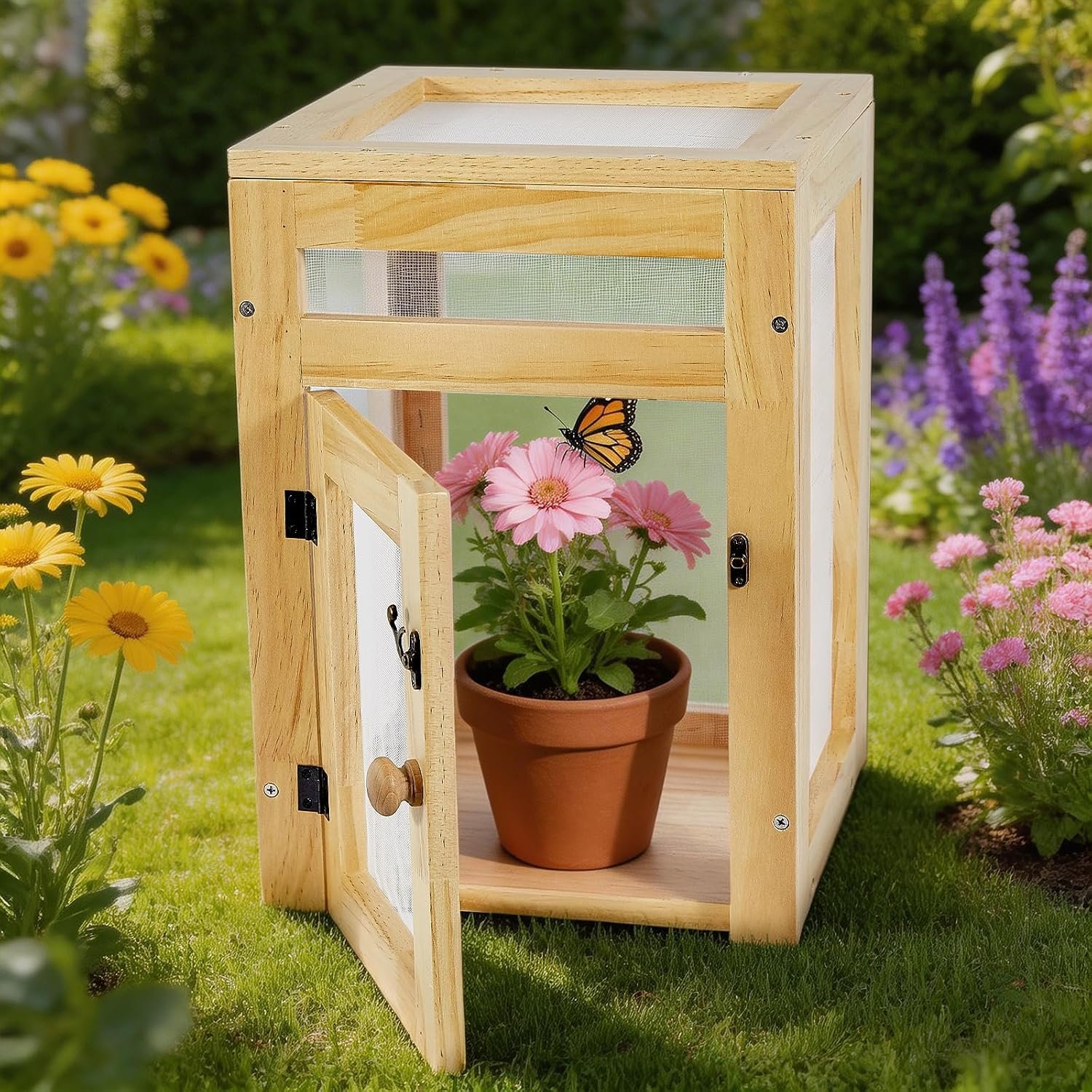 Wooden Butterfly Habitat Cage Kit, 15.75 Inch Monarch Caterpillar Habitat, Mesh Butterfly Enclosure for Raising Butterflies, Insect Observation House for Kids, Classroom, Garden
