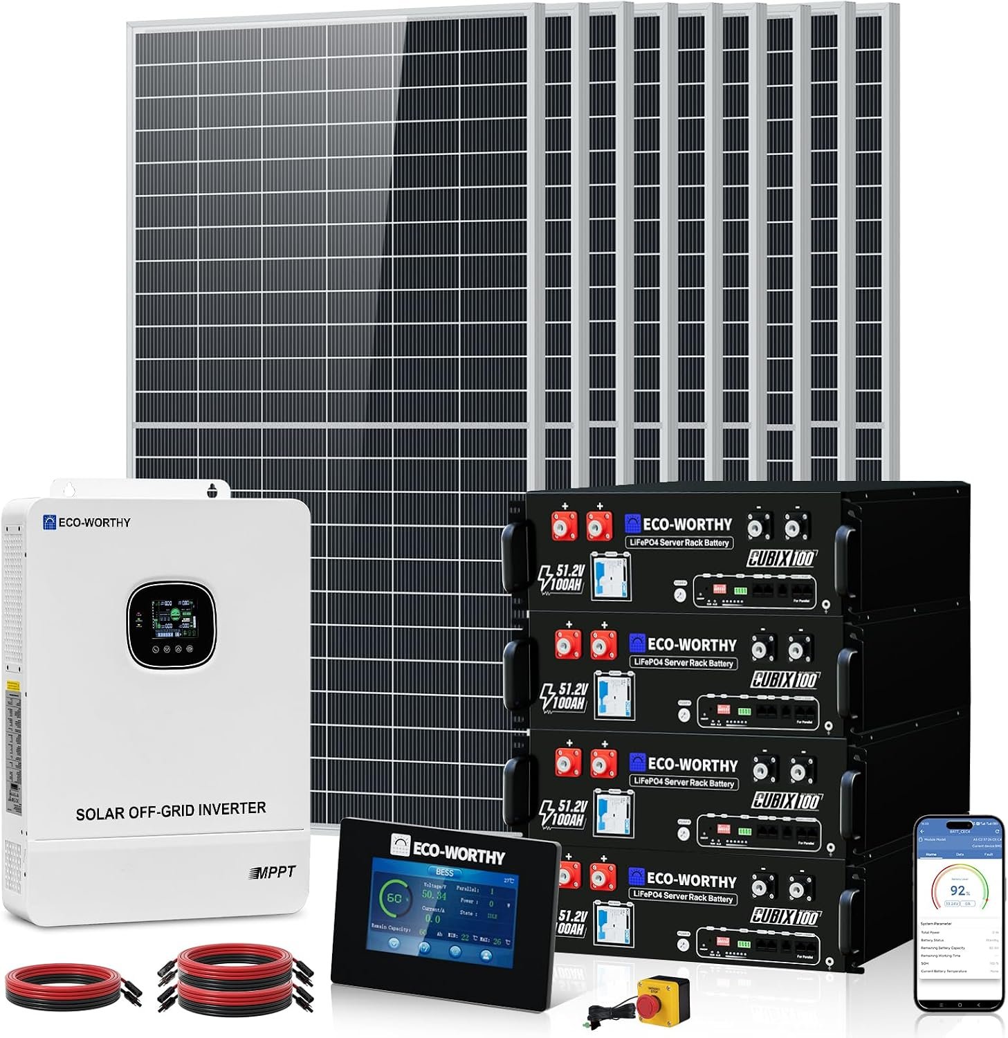 ECO-WORTHY 10KW Output Off Grid Solar System Complete Kit：10KW 120V/240V Output Split Phase Inverter| 4Pcs 48V 100Ah 20.48kWh High Capacity Energy Storage| 5310 Watts Solar Panel PV