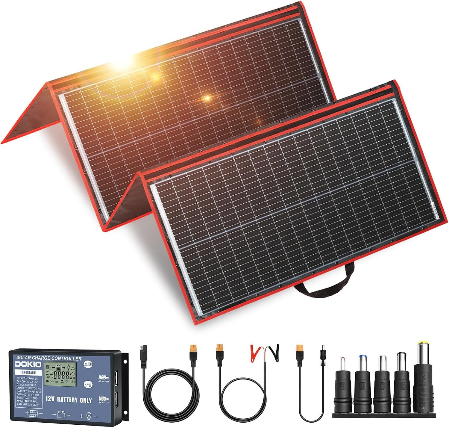 DOKIO 300W Portable Foldable Solar Panel Kit with Charge Controller | Folds to 19.3 x 37.4 in and weighs 15.2 lb; USB ports; for 12V batteries, power stations, RVs, and camping