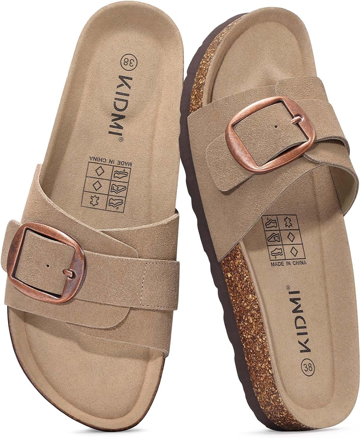 KIDMI Women’s Cork Footbed Sandals Comfortable Suede Summer Slides | Adjustable One Strap, Metal Big Buckle, Non-slip Rubber Sole, Slip On, Cushioned, Indoor/Outdoor, Casual, Fashion