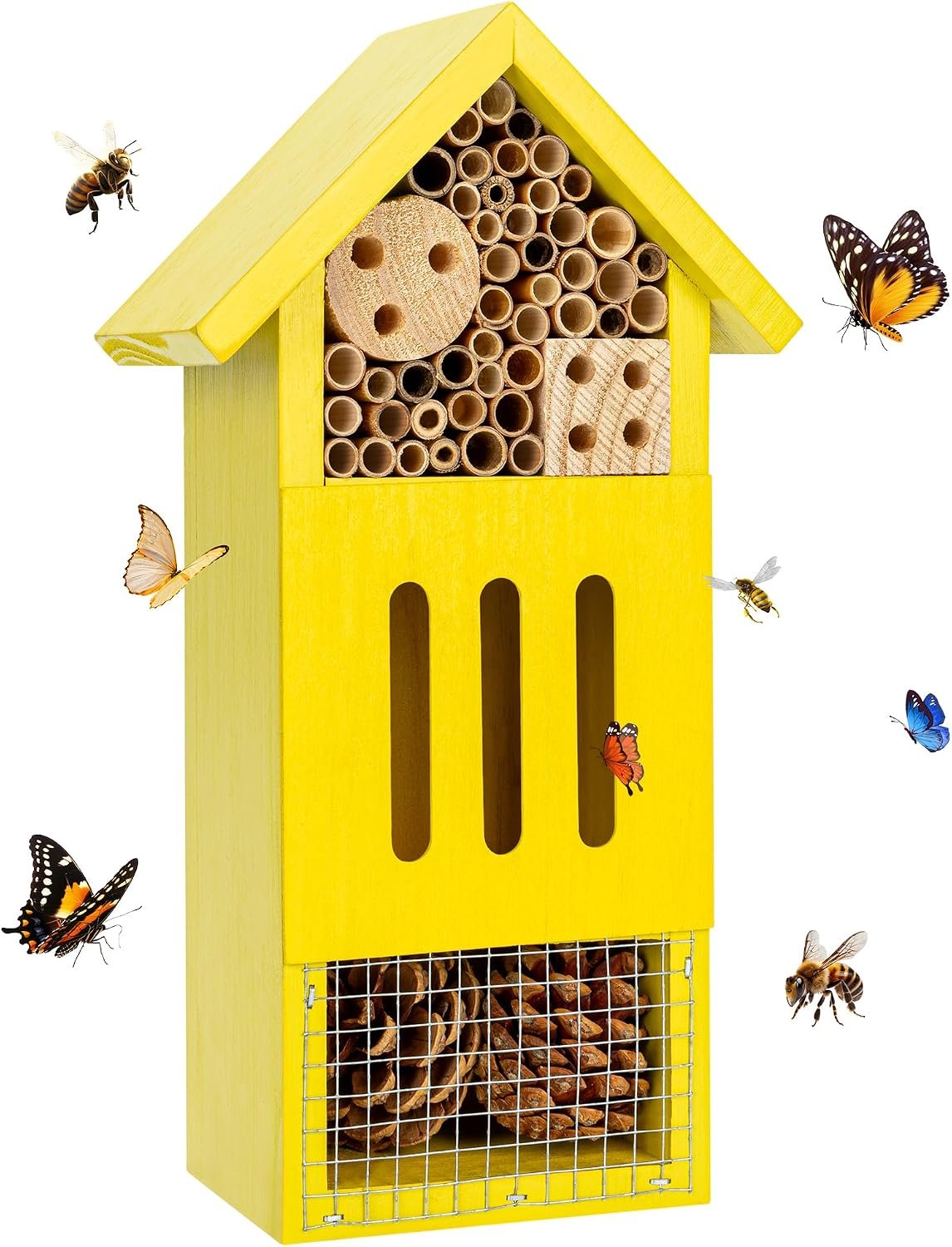 Bee House Bug Hotel & Butterfly House, Handcrafted Wooden Ladybug House, Natural Insect Habitat for Garden, Patio, or Yard, Durable Pine Wood, Attracts Pollinators, 10.4 x 5.5 x 3.2 Inches