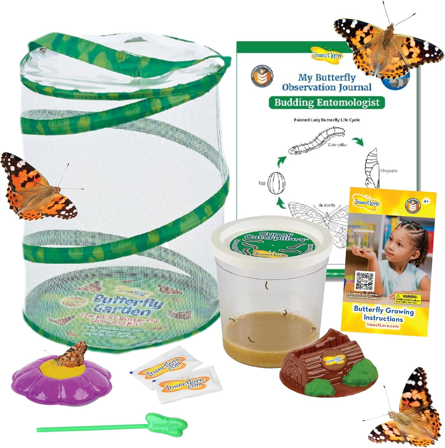 Insect Lore Butterfly Garden with 5 Live Baby Caterpillars – STEM Activity Journal, Habitat, Chrys-A-Lid Holder and Feeder Included | Raise and Release Painted Lady Butterflies