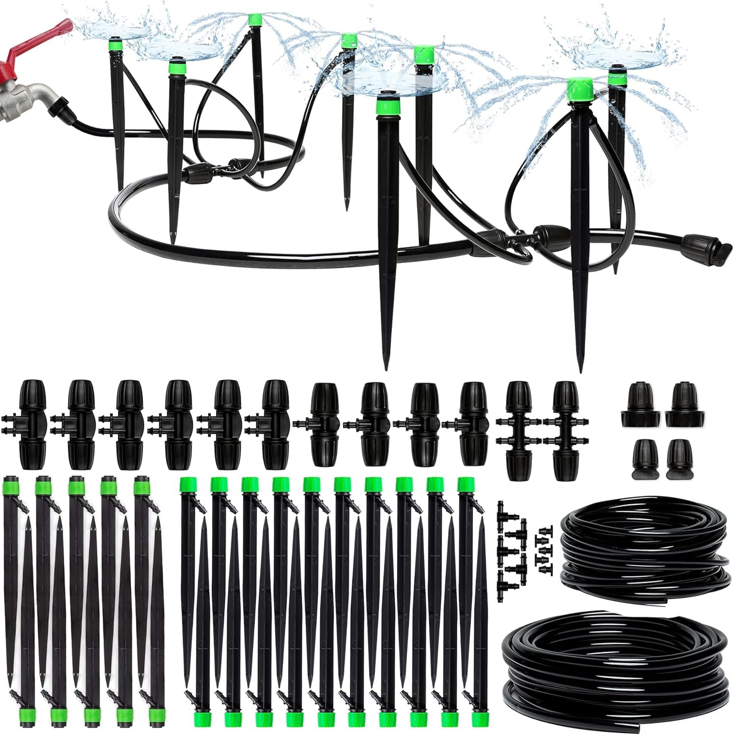 Drip Irrigation System Kit for Garden Watering, Sprinkler, 100 ft | For Garden, Yard, Raised Beds, Plants, Lawn, with Barbed 5/16 Mainline + 1/4 Tubing + 30 Emitters, 20-45 PSI and up to 40 GPH