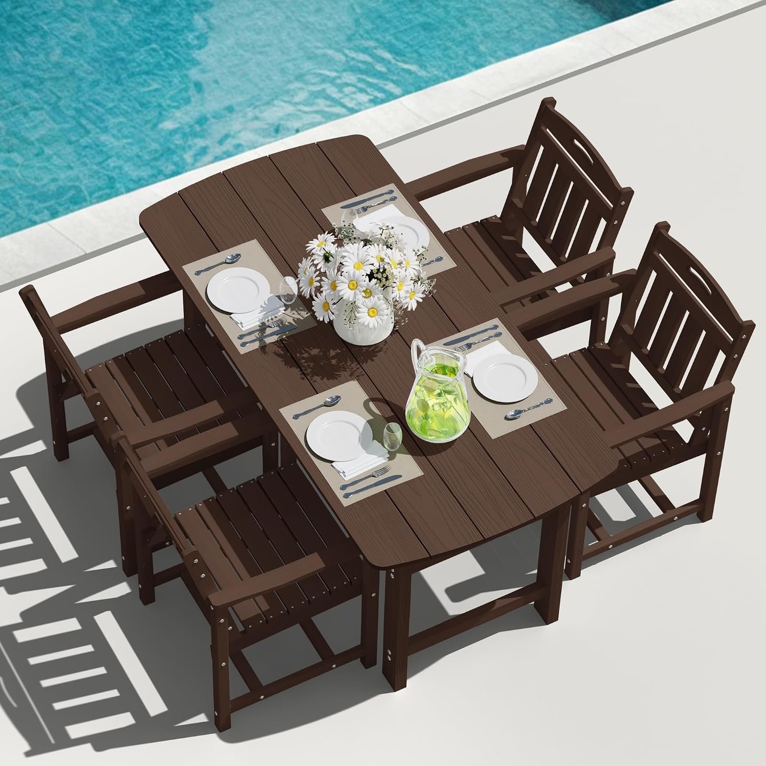 5-Piece Outdoor Dining Furniture Set with Chairs, All-Weather HDPE Patio Table and 4 Chairs, Umbrella Hole, for Garden Backyard or Deck – Brown
