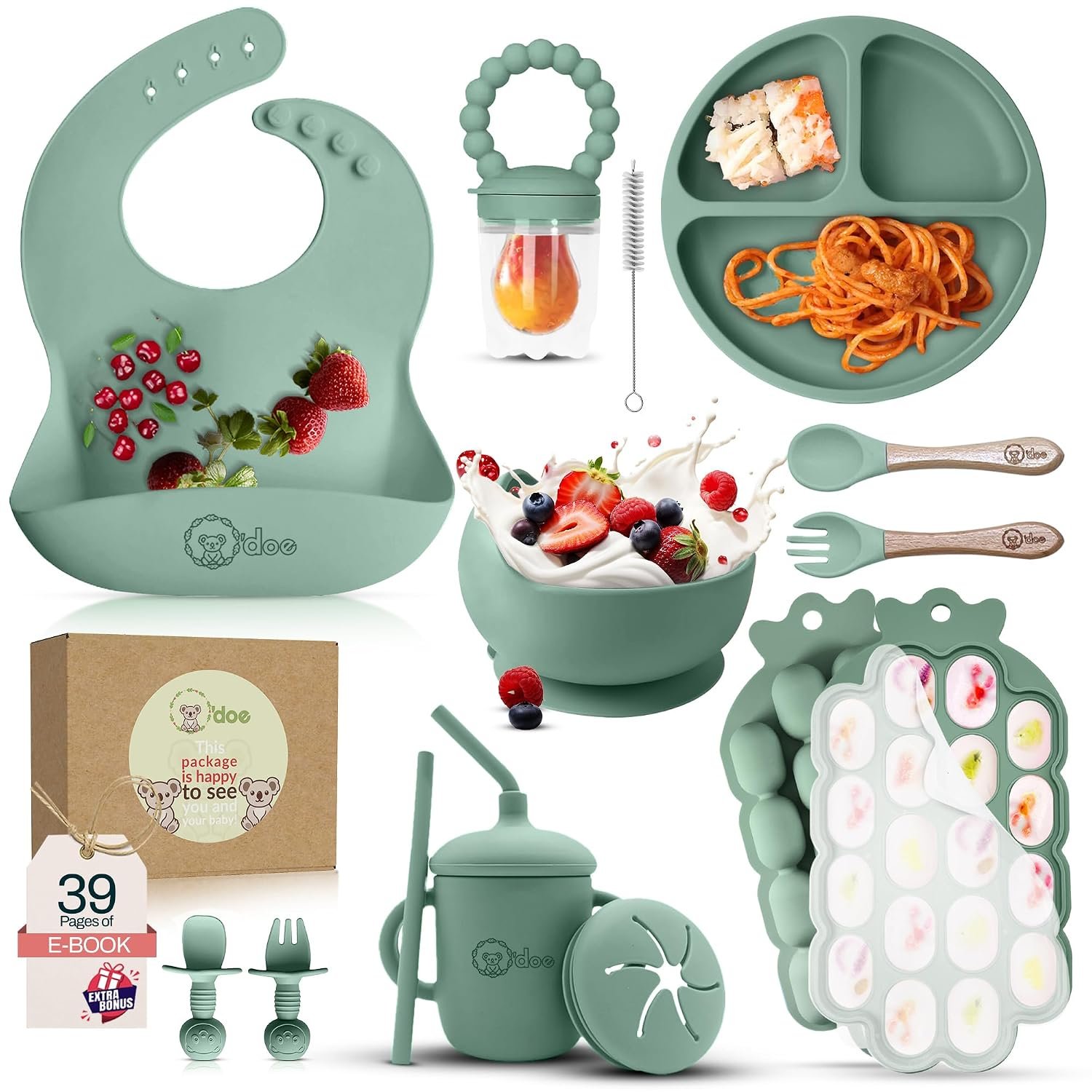 O’doe Baby Weaning Set – 15 Pcs Silicone Baby Feeding Set with Suction Plate, Bowl, Bib, Sippy Cup, Fruit Feeder & Freezer Tray – Baby Plates and Bowls Set for 3M+ | BPA-Free Baby Dishes & Utensils | Silicone Feeding Set for Baby with Suction Plate, Bowl, Bib, Sippy Cup, Fruit Feeder & Freezer Tray