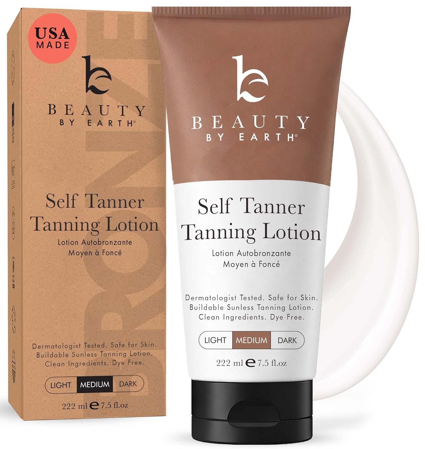 Beauty by Earth Self Tanner – USA Made with Natural & Organic Ingredients | Moisturizing Self Tanning Lotion with Aloe Vera & Coconut for a Natural Glow, Streak-Free Fake Tan (Medium)