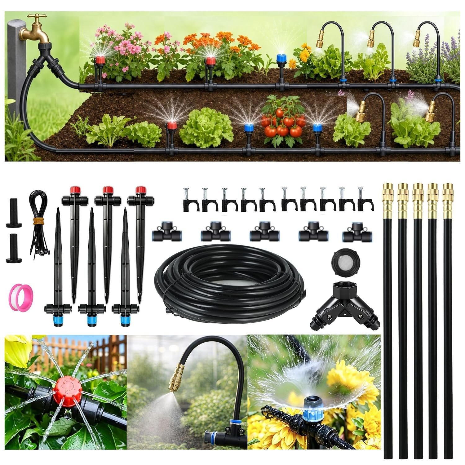 50FT Drip Irrigation System for Starter: Small Garden Quick Connect 1/4″ PE Water Tubing Automatic 11Pcs Sprinkler Kit Adjustable Misting Part Watering Hose Outdoor Raised Bed Plants Flower Greenhouse