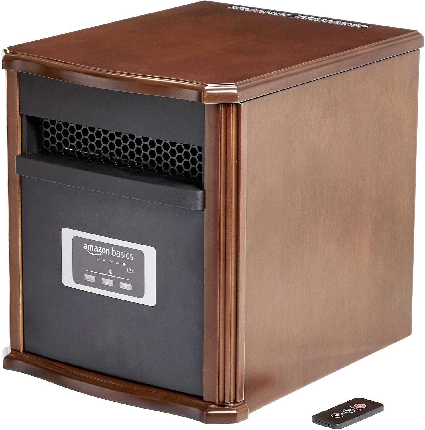 Amazon Basics Portable Space Heater with Remote Control, Adjustable Thermostat, Indoor Use, Energy-Saving Setting, LED Display, Classic Wood Casing, 1500W, 12″D x 13″W x 16″H, Brown