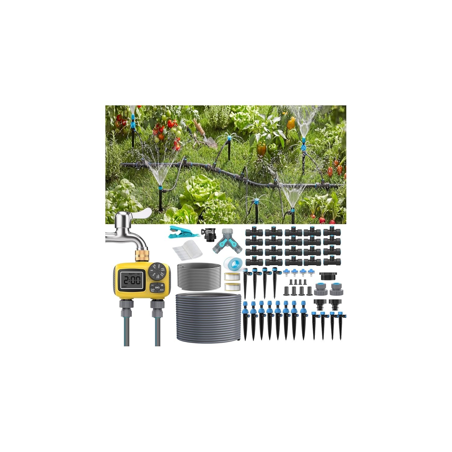 150FT Drip Irrigation System Kit with 2 Zone Water Timer for Garden | High-Flow Mainline Automatic Watering System, 16PCS Adjustable Nozzles & Fast-Plug Tube for Agricultural Yard,Lawn,Greenhouse