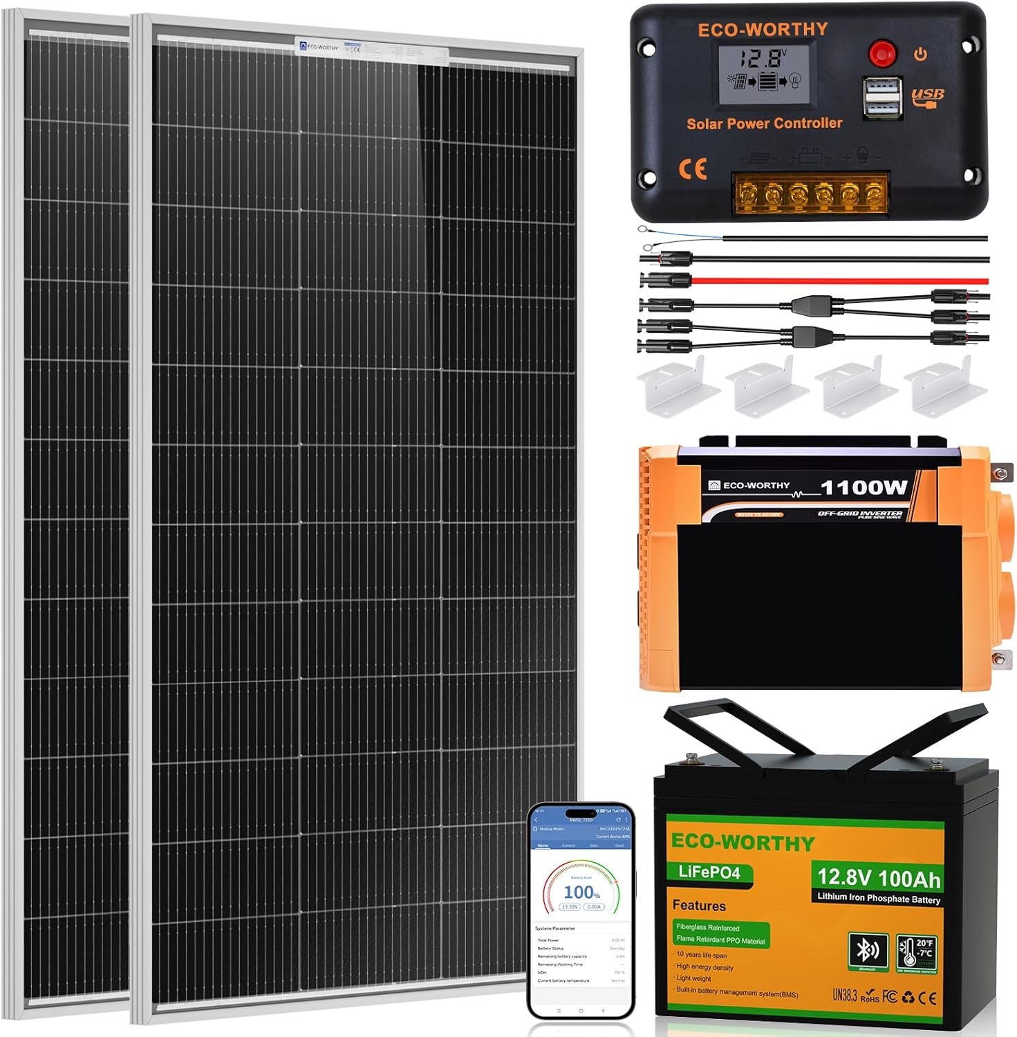ECO-WORTHY 200 Watt 12V Complete Solar Panel Starter Kit for RV Off Grid | with Battery and Inverter: 2*100W Solar Panel + 30A Charge Controller + 100Ah Lithium Battery + 1100W Premium Solar Inverter