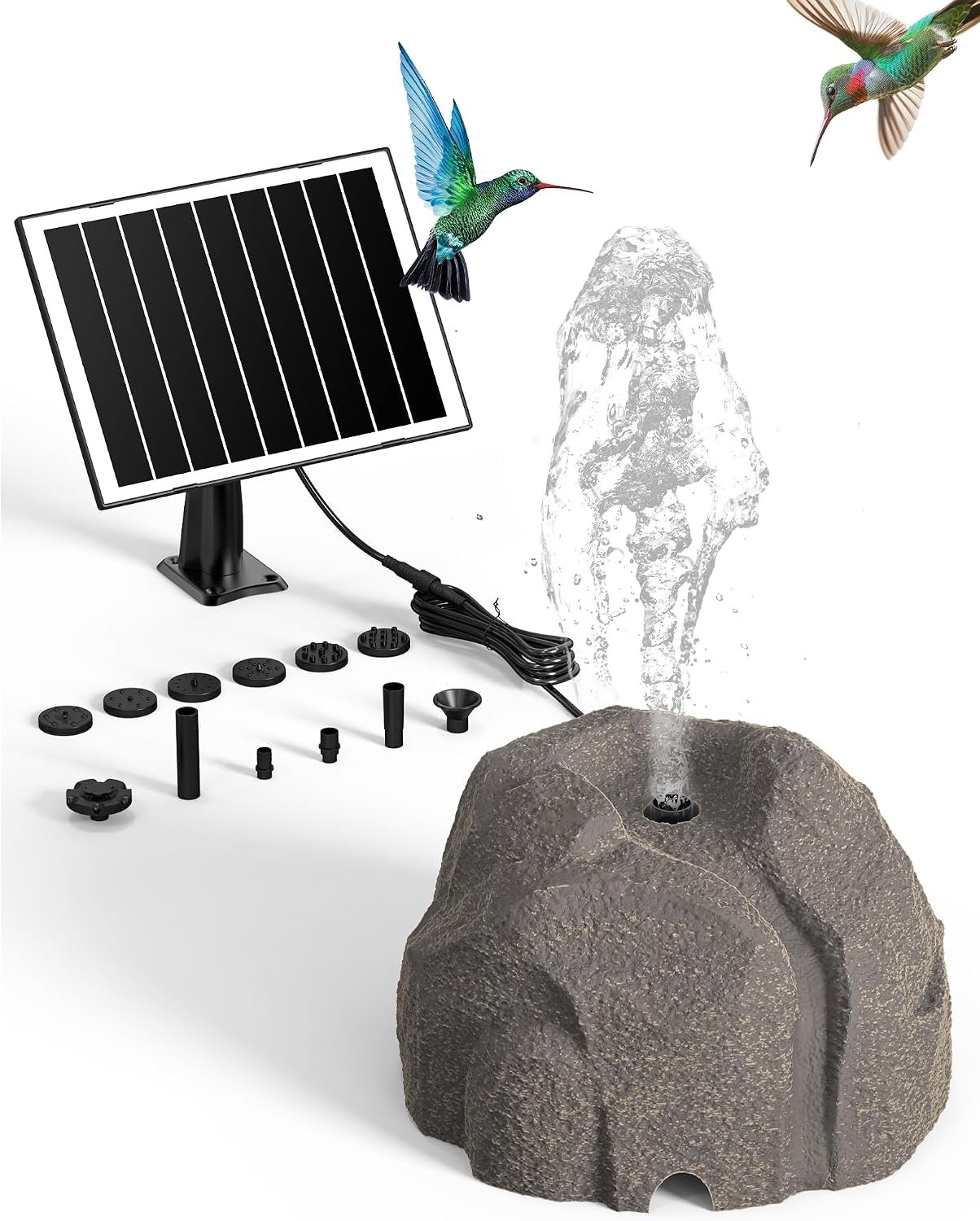 Rock Solar Fountain for Bird Bath, Dry-Run Protect,10 Nozzles(Grey) | Bird Bath Fountain for Outdoor Garden Pond,Resin Granite Rock,Dry Run Protection,Solar Powered