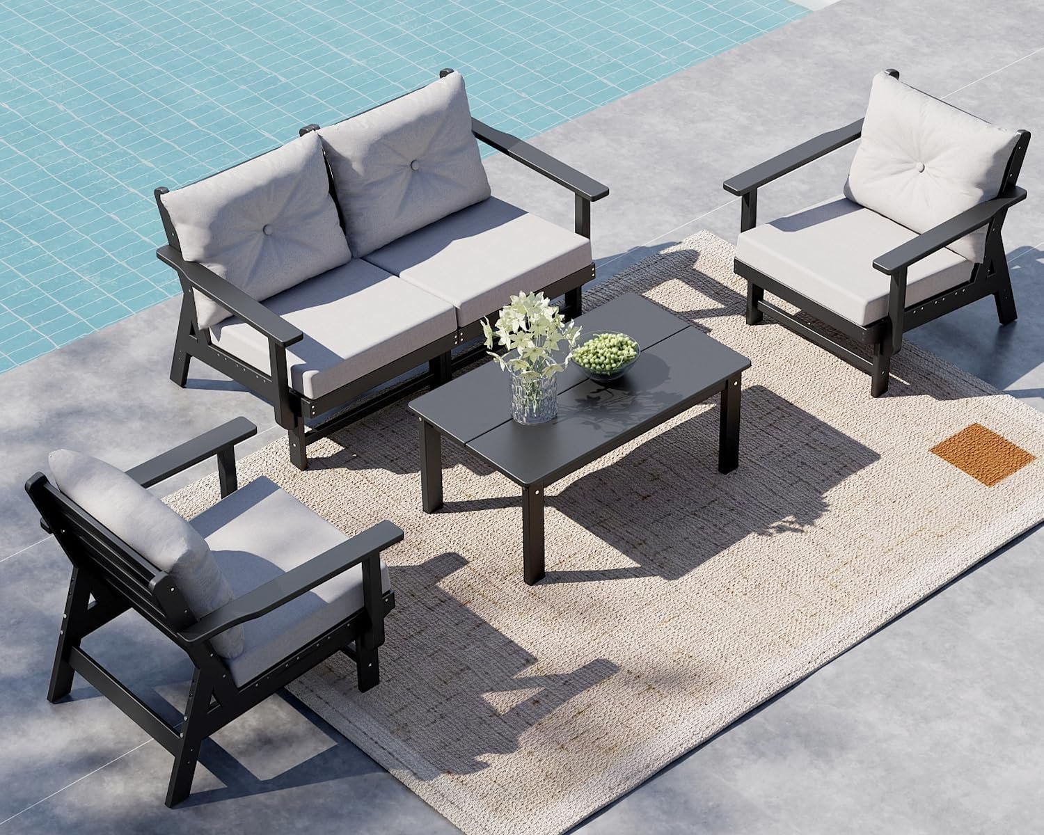 GREENVINES 5 Piece Patio Conversation Set, HDPE All Weather Couches, Black | Detachable Armrests | Outdoor Sectional Sofa & Coffee Table | Sturdy Frame & Polyester Cushions | Low Maintenance for Garden