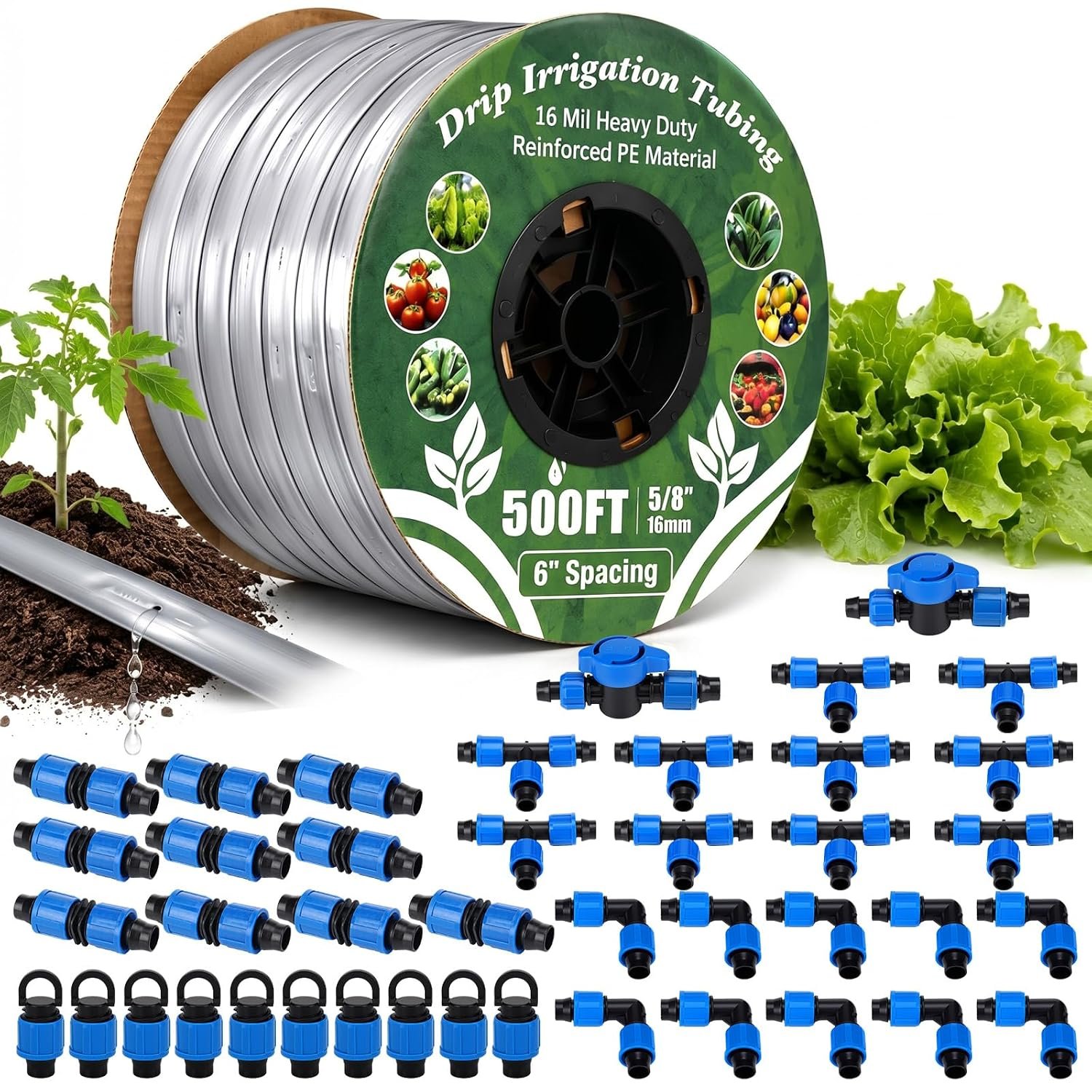 Tondiamo 500 ft 5/8″ Drip Tape Irrigation Kit 16 Mil 6″ Spacing Silver Reflective Anti-Bird Pecking Drip Tape UV Resistant, Heat Safe for Seedlings, for Gardens Lawns Farms Greenhouses