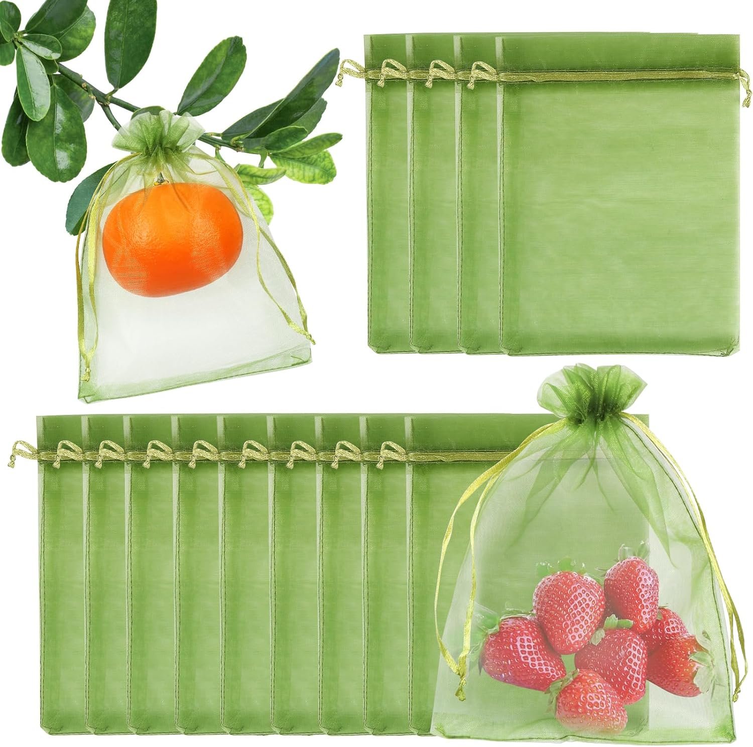 Shintop100Pcs Fruit Protection Bags, 5x7inch Green Strawberry Net Cover | Drawstring Mesh Bags, Fine Mesh Bird/Insect Barrier, Breathable Organza, Gentle on Delicate Stems, Fits Blueberries and Figs