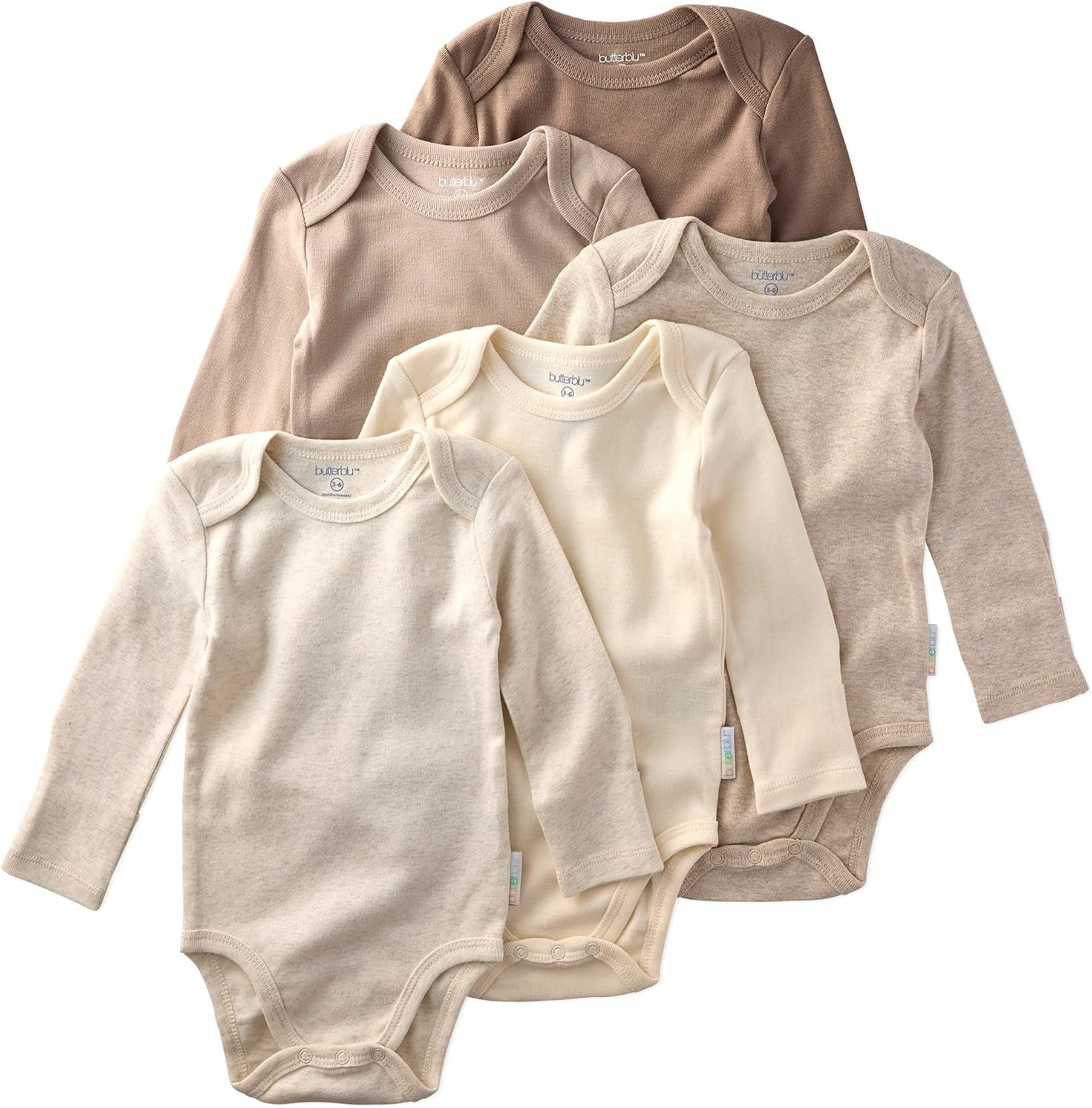 Butterblu Blake 5-Pack Long Sleeve Bodysuits​ 100% Organic Cotton, Unisex | GOTS certified Organic Cotton for Baby Girls, Boys, Unisex, Easy Snap On Closure, Made to Match Colors for Gifts