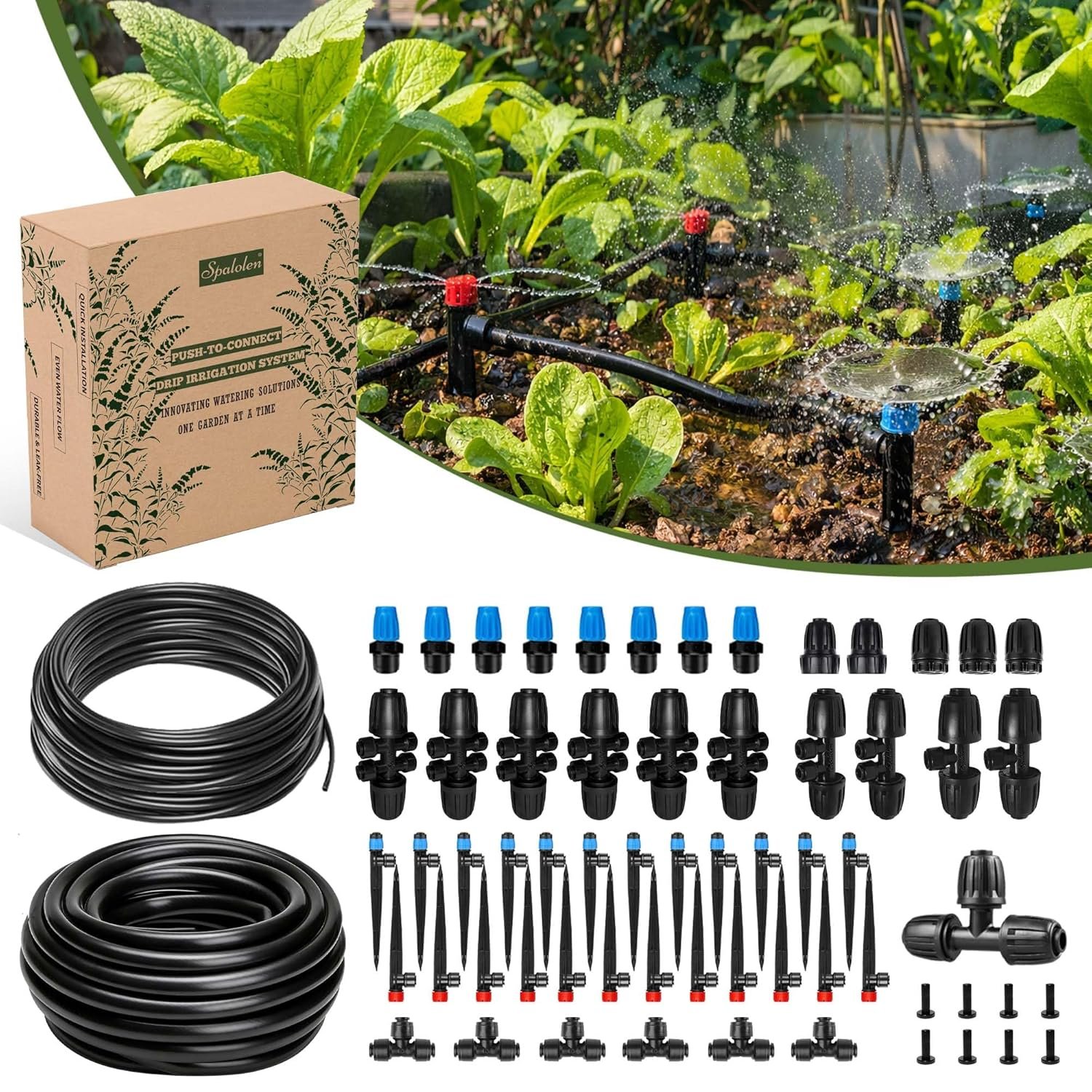 Push-to-Connect Drip Irrigation System Kit, 2-Zone Garden Watering System with 50FT 1/2″ Mainline, Leak-Resistant Quick Connect Fittings, Adjustable Emitters for Raised Beds, Greenhouse