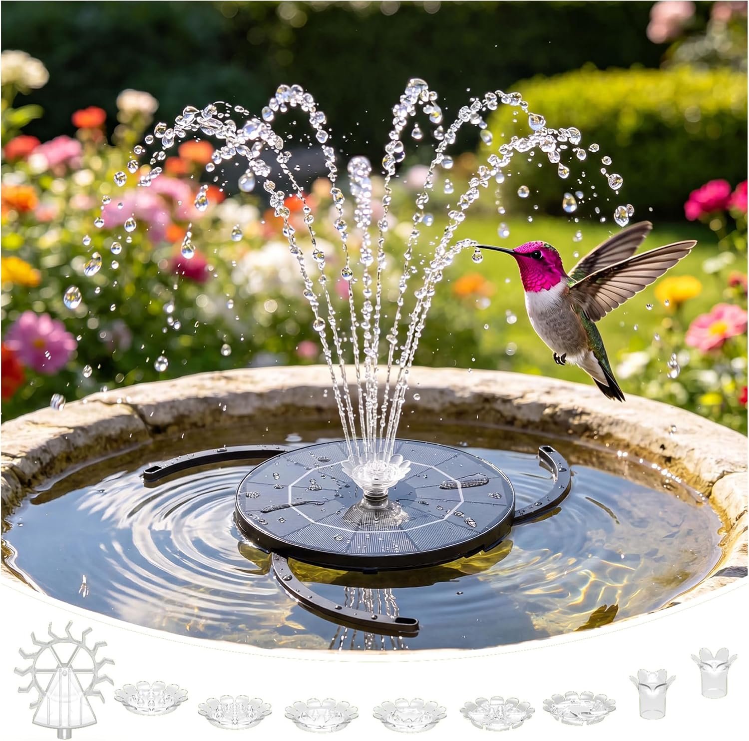 AISITIN 3.5W Solar Fountain Pump with Battery Backup 1200mAh for Bird Bath | Windmill & 8 Nozzle, Working Normally on Cloudy Days, 3 Anti-Drift Bracket, DIY Solar Bird Bath Fountain for Garden Pond Yard