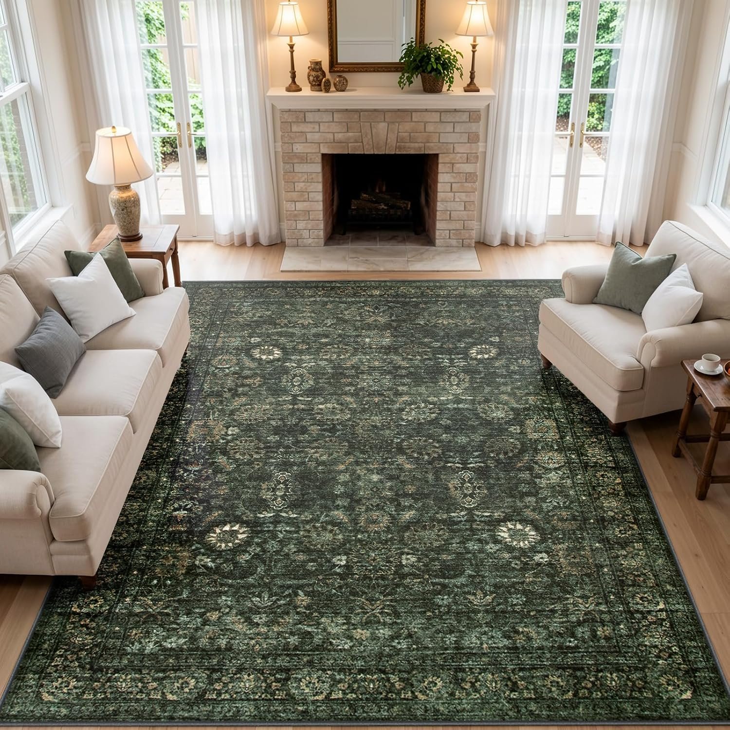 Morebes Vintage Dark Green Living Room Rug, 9×12 | Large Washable Bedroom Rugs, Soft Dining Room Carpet, Non-Slip Non-Shedding, Farmhouse Indoor Kids Playroom