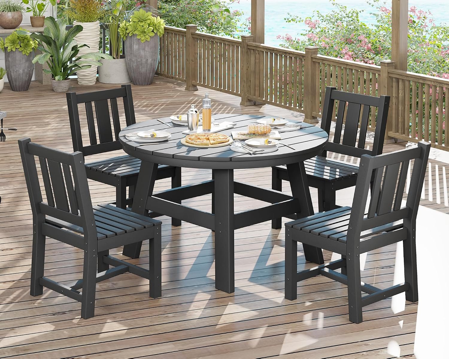 AMERLIFE 5 Piece HDPE Outdoor Dining Set with Table and Chairs, Black | All Weather Design, HDPE Construction, Umbrella Hole, Patio Furniture, Backyard And Poolside Use